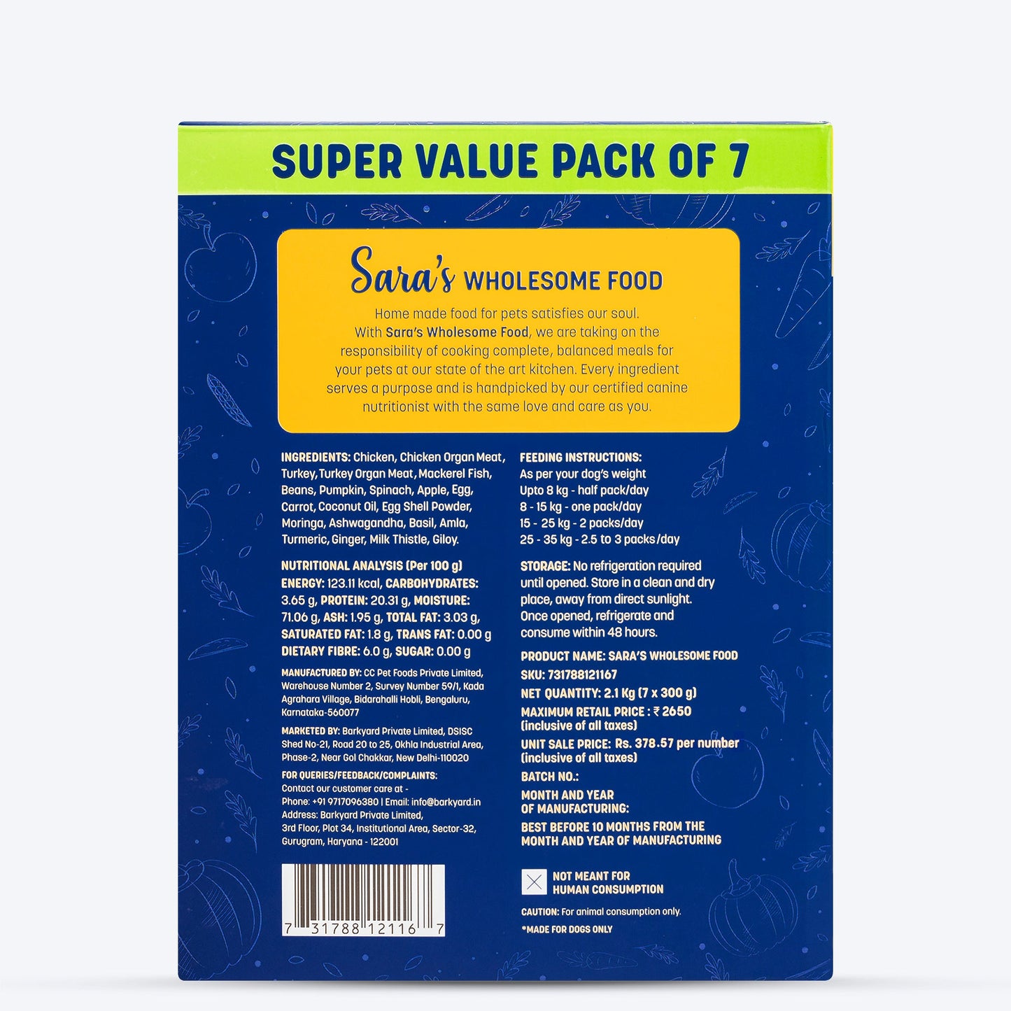 Sara's Wholesome Grain-Free Chicken and Turkey Dog Food, 7 x 300g, total weight 2.1 kg, made with 60% meat and 40% fruits and