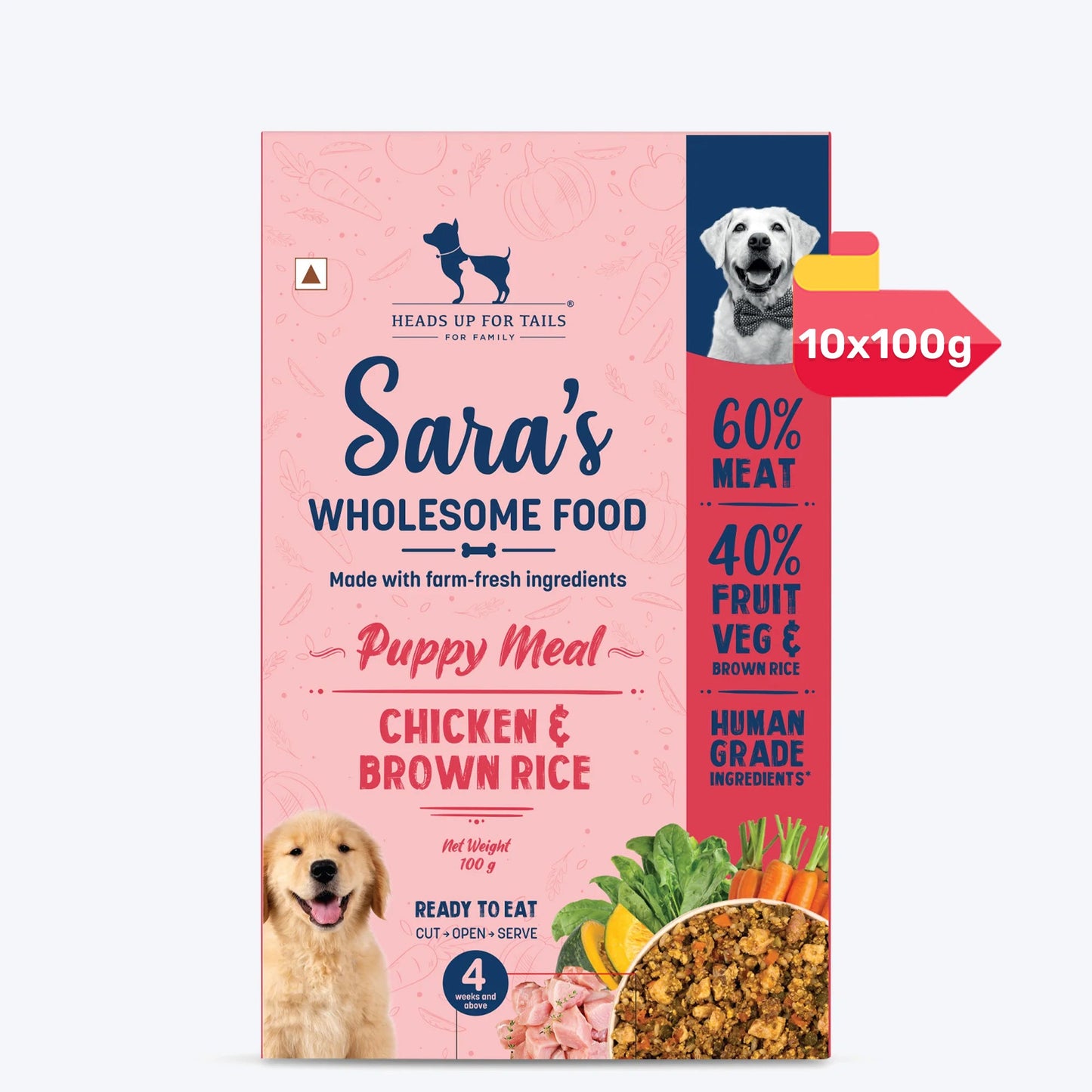 Sara's Wholesome Chicken & Brown Rice Puppy Food ‚¬€œ 100 gm | Human Grade, All-Natural, Preservative-Free, Ready-to-Eat Meal for Puppies (4 Weeks & Above) - Heads Up For Tails
