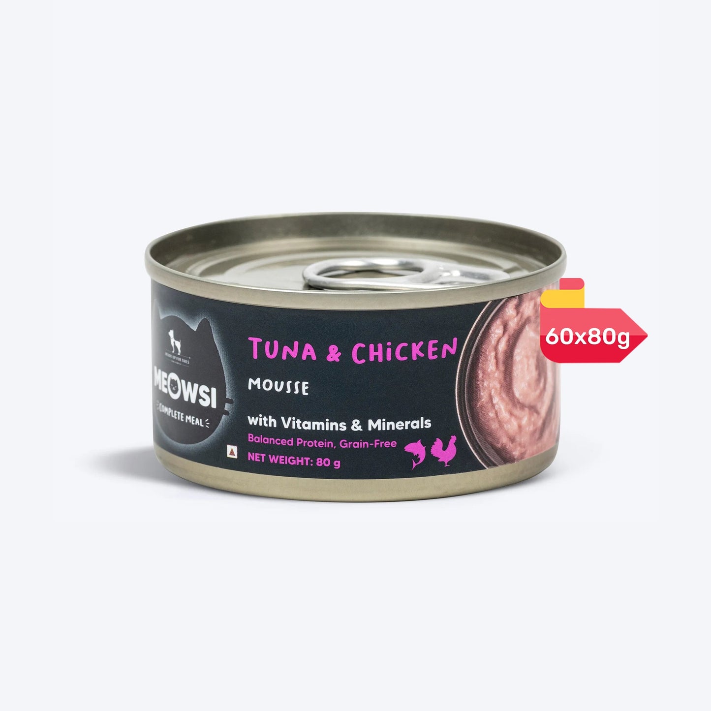 Meowsi by HUFT Tuna & Chicken in Mousse Canned Cat Wet Food, 80 gm, with vitamins and minerals, grain-free.