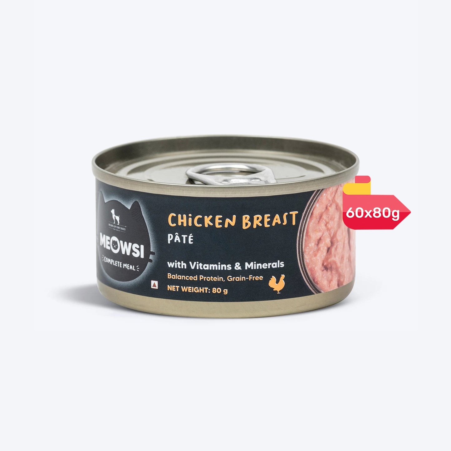 Meowsi by HUFT Chicken Breast p¢t© Canned Cat Wet Food, 80 gm, with vitamins and minerals, grain-free formula.