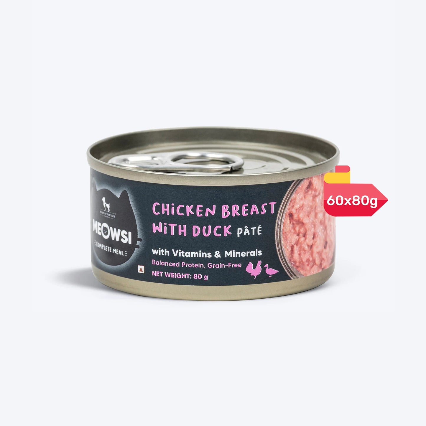 Meowsi by HUFT Chicken Breast with Duck p¢t© canned cat food, 80 gm, enriched with vitamins and minerals. Grain-free.