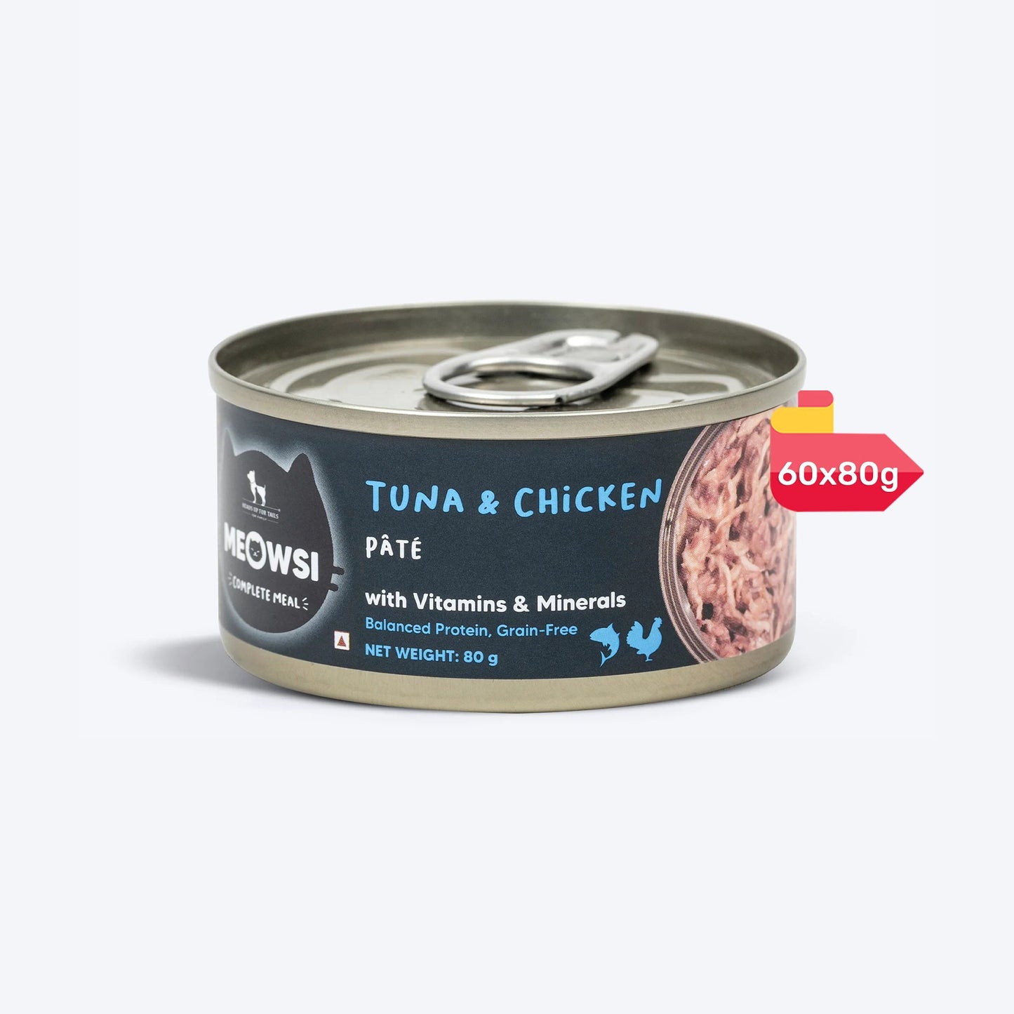 Meowsi by HUFT Tuna & Chicken P¢t© Canned Cat Wet Food, 80 gm, grain-free with vitamins and minerals.