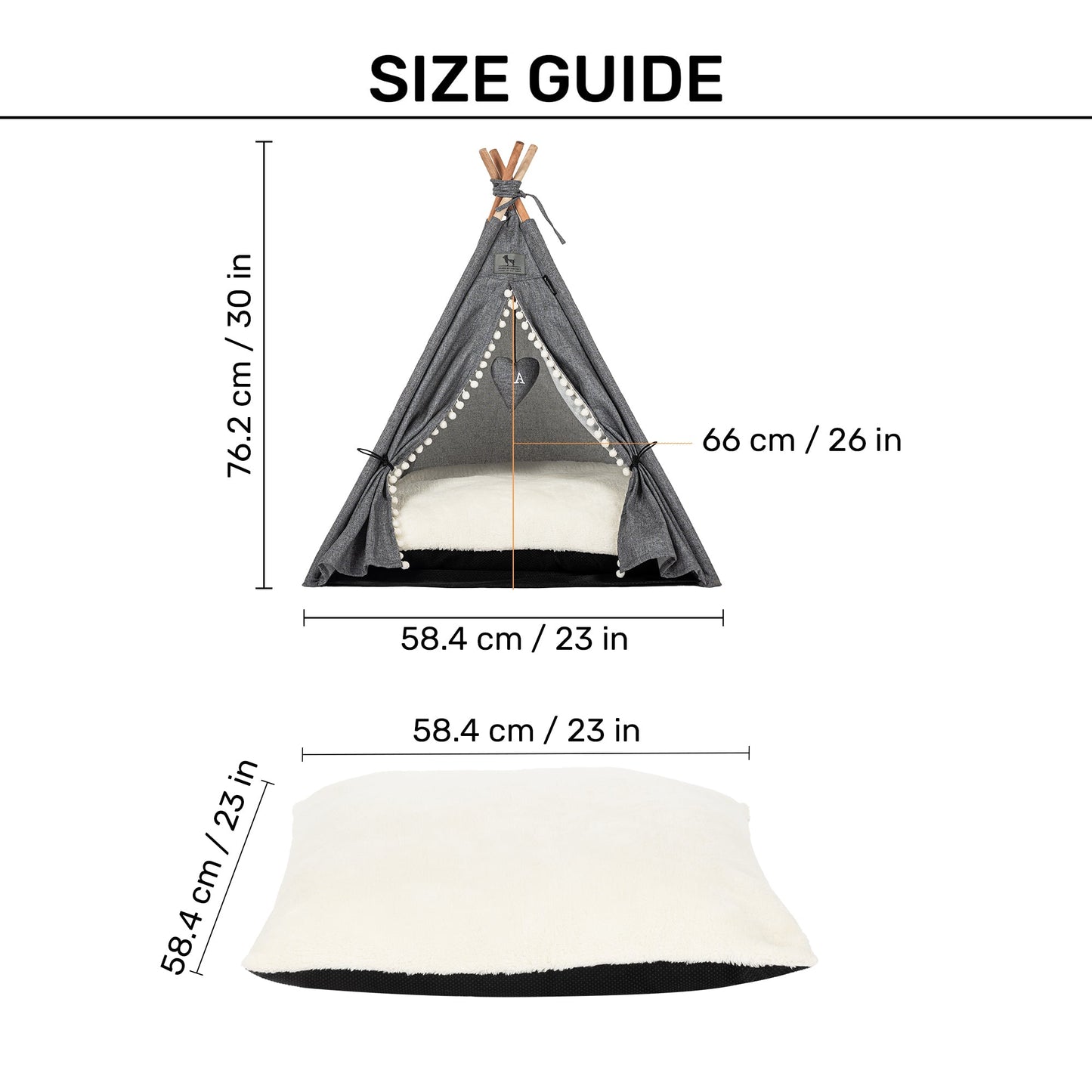 HUFT Personalised Cozy Fort Teepee Tent Bed For Dog & Cat - Charcoal Black - Heads Up For Tails