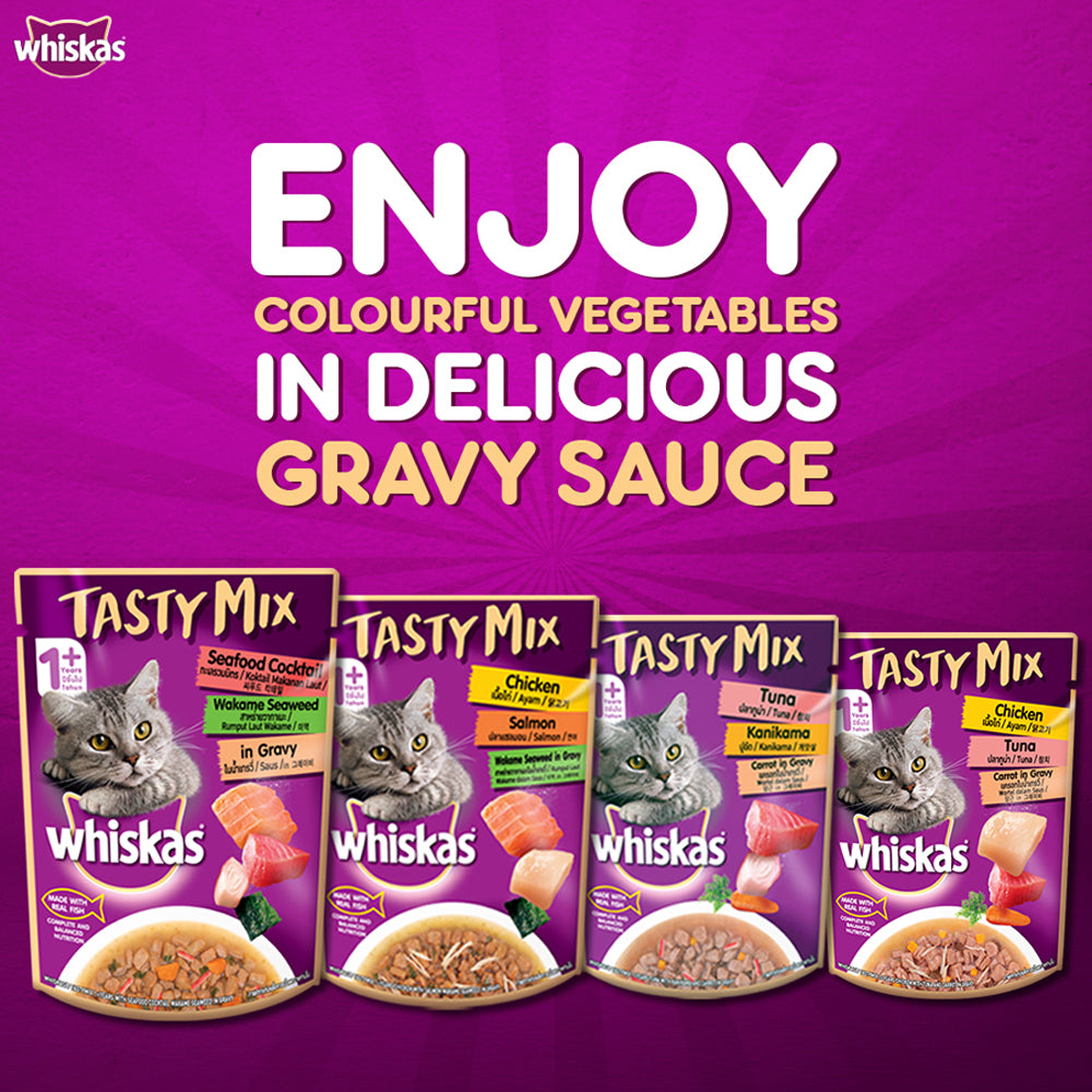 Whiskas Adult Tasty Mix Wet Cat Food Made With Real Fish, Tuna With Kanikama And Carrot in Gravy - 70 g (Pack Of 12)-8