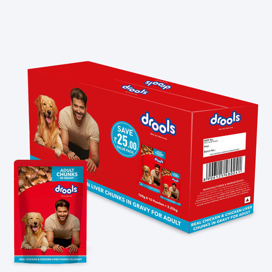 Drools Real Chicken and Chicken Liver Chunks in Gravy Adult Wet Food For Dogs - 150g - Heads Up For Tails