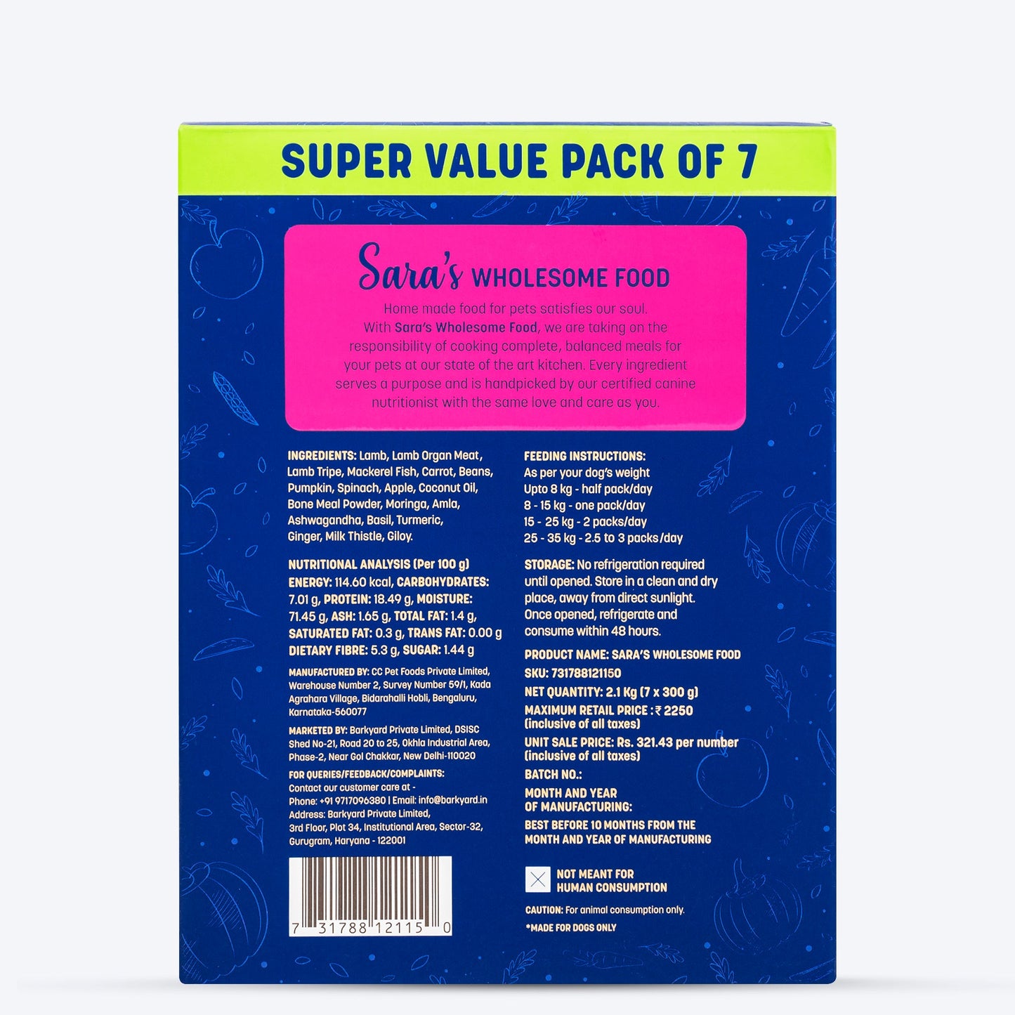 HUFT Sara's Wholesome Food - Grain-Free Lamb And Apple Dog Food (Pack Of 7) - Heads Up For Tails