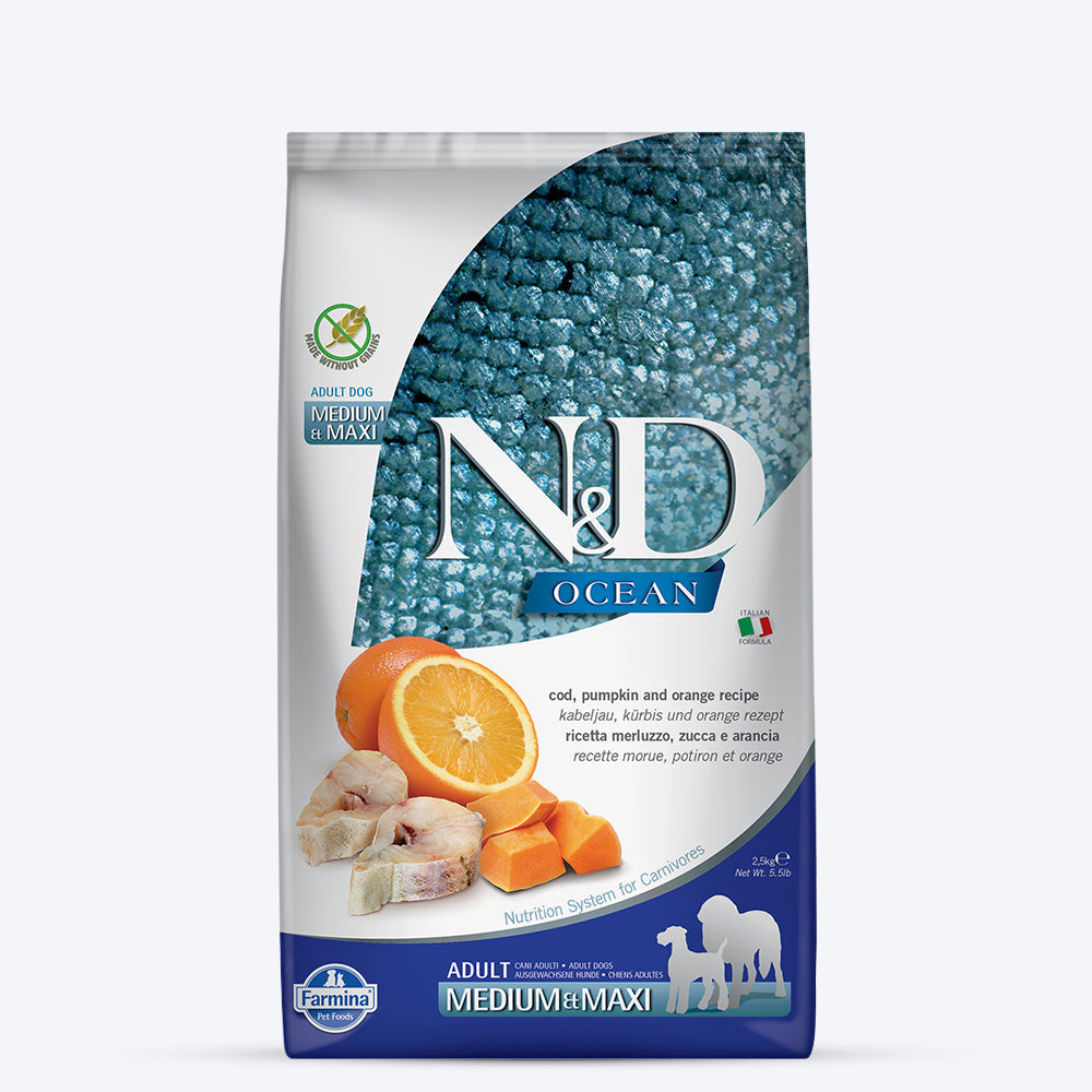 Farmina N&D Pumpkin Codfish & Orange Grain Free Medium & Maxi Breed Adult Dry Dog Food - Heads Up For Tails