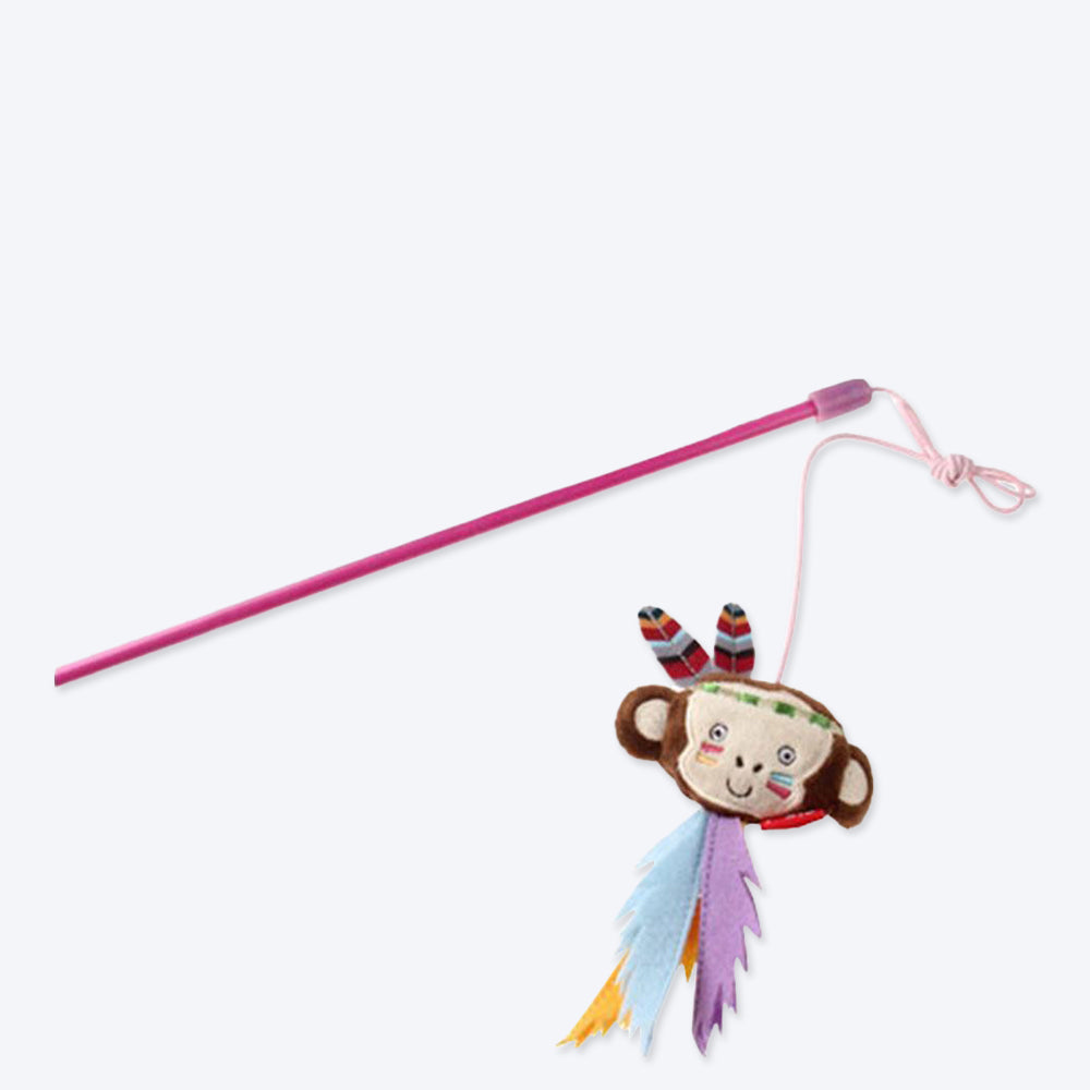 GiGwi Happy Indians Cat Toy - Monkey Catwand (with Feathers) - Heads Up For Tails