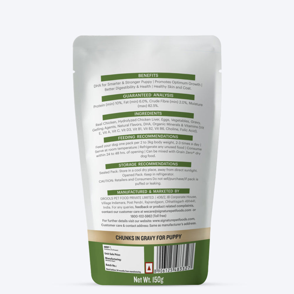 Signature Grain Zero Wet Puppy Food - Chicken Chunks In Gravy 150 g Packs - Heads Up For Tails