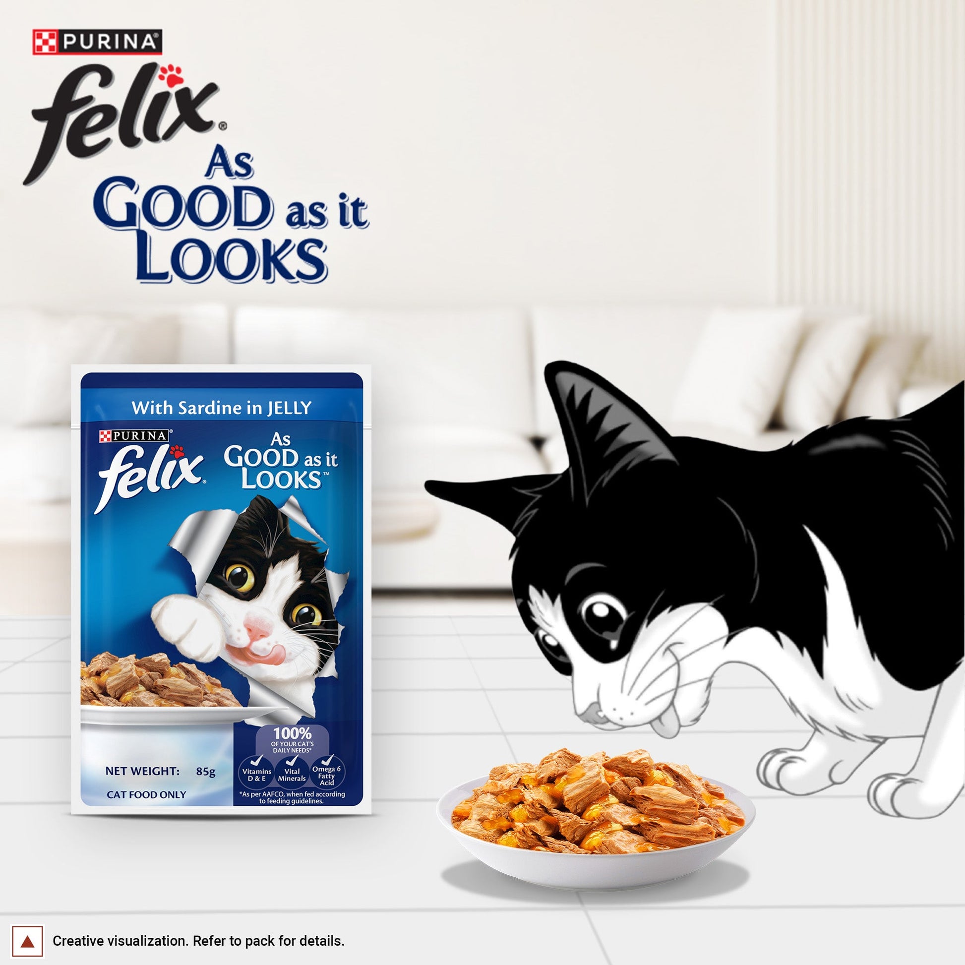 Purina Felix With Sardine In Jelly Adult Cat Wet Food - 85 g - Heads Up For Tails