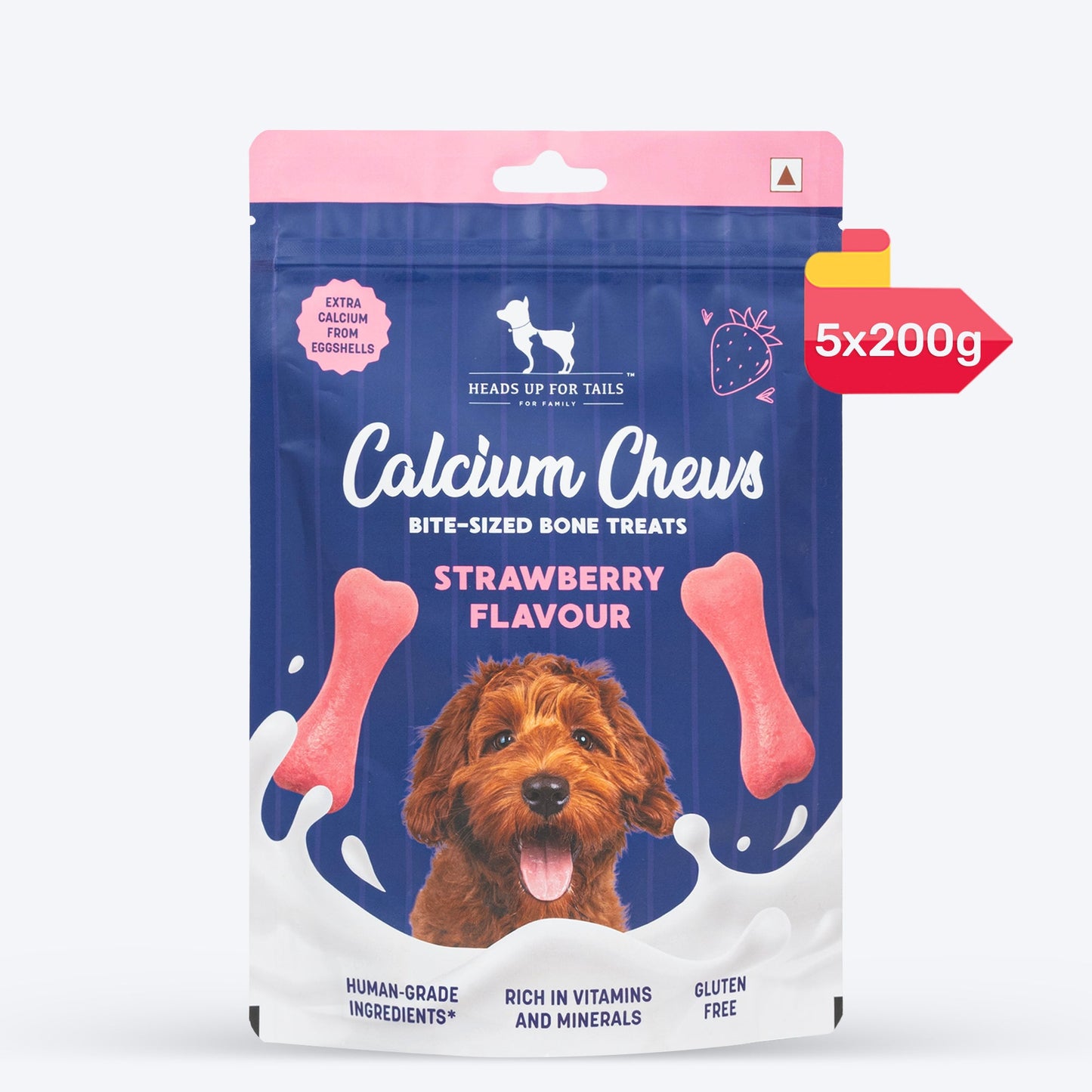 HUFT Calcium Chews Bite-Sized Bone Treats For Dog - Strawberry Flavour - Heads Up For Tails