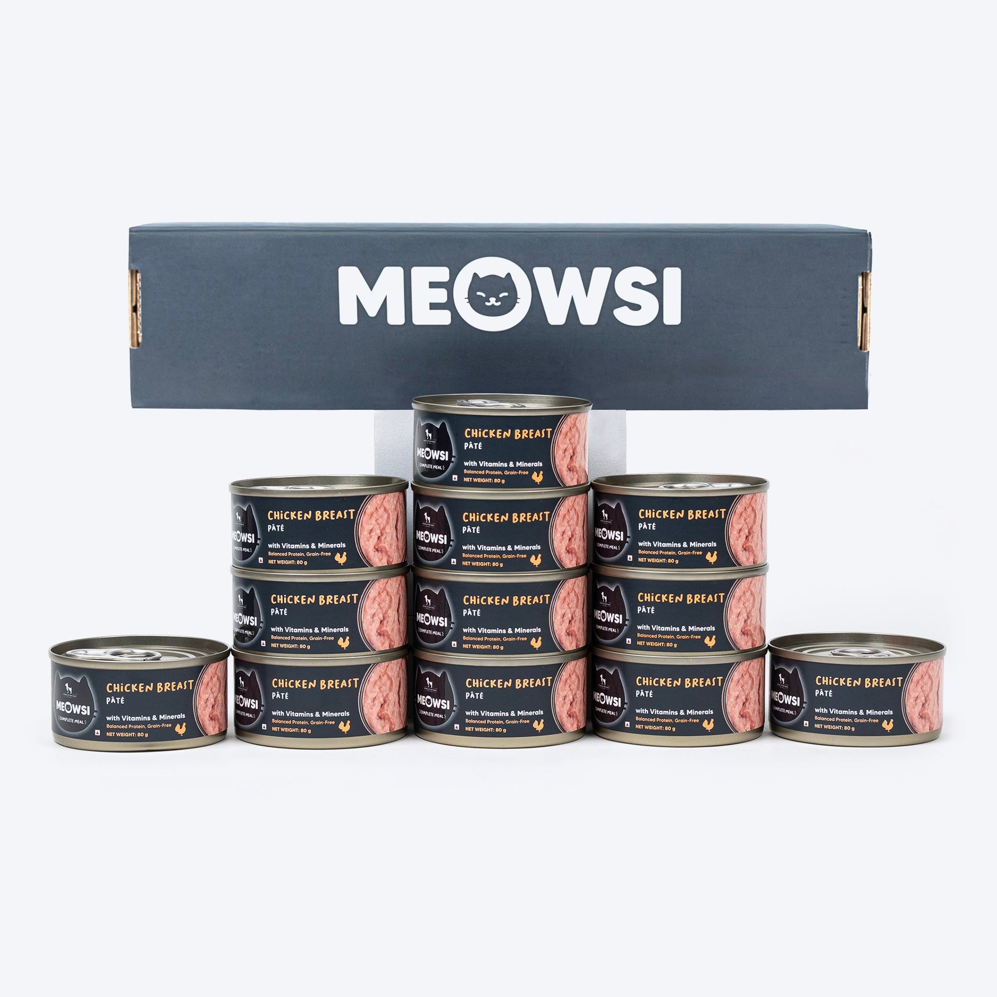 Meowsi by HUFT Chicken Breast p¢t© Canned Cat Wet Food, 80 gm, with vitamins and minerals, grain-free formula.