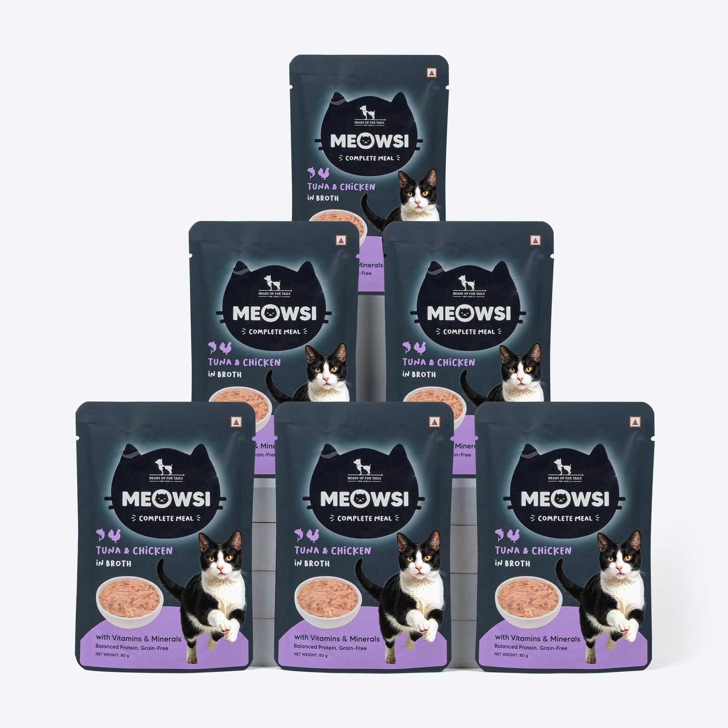 Meowsi by HUFT Tuna & Chicken in Broth Cat Wet Food, 80 gm, with vitamins and minerals, grain-free formula.