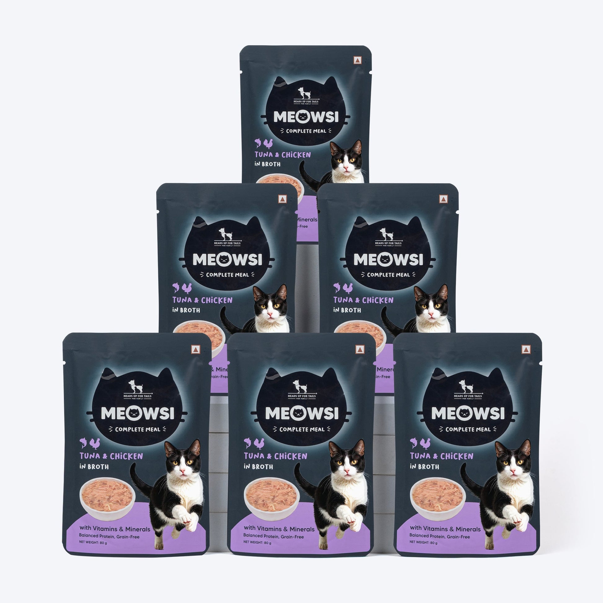 Meowsi by HUFT Tuna & Chicken in Broth Cat Wet Food, 80 gm, with vitamins and minerals, grain-free formula.