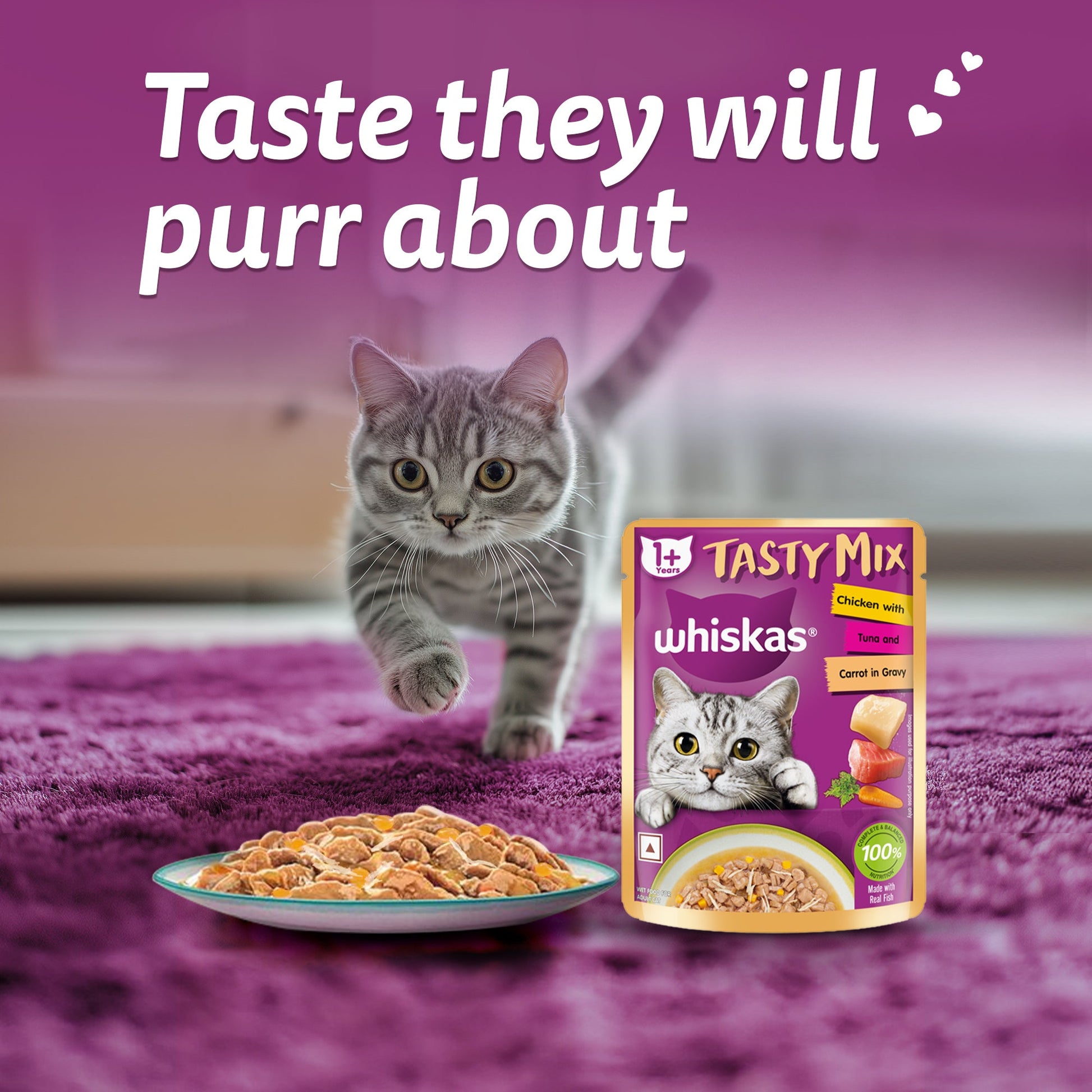 Whiskas Tasty Mix Adult (1+ year) Chicken With Tuna & Carrot in Gravy Wet Cat Food - 70 gm Pack - Heads Up For Tails