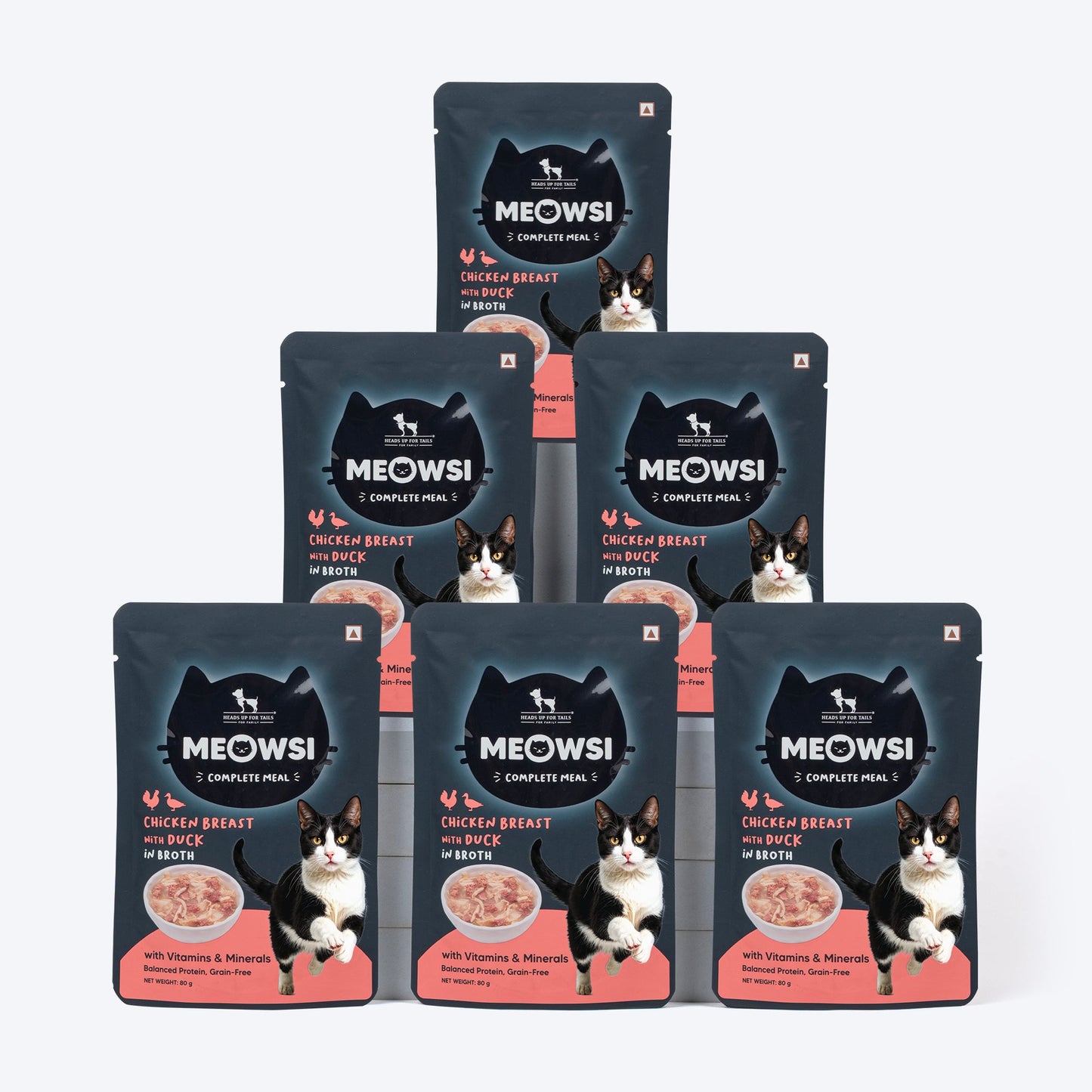 Meowsi by HUFT Chicken Breast with Duck in Broth Cat Wet Food, 80 gm, complete meal with vitamins and minerals.