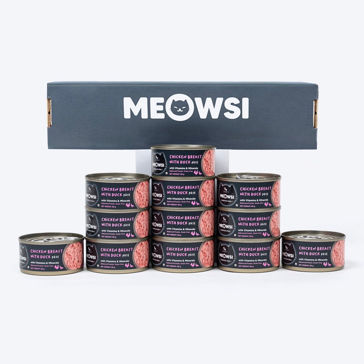 Meowsi by HUFT Chicken Breast with Duck p¢t© canned cat food, 80 gm, enriched with vitamins and minerals. Grain-free.