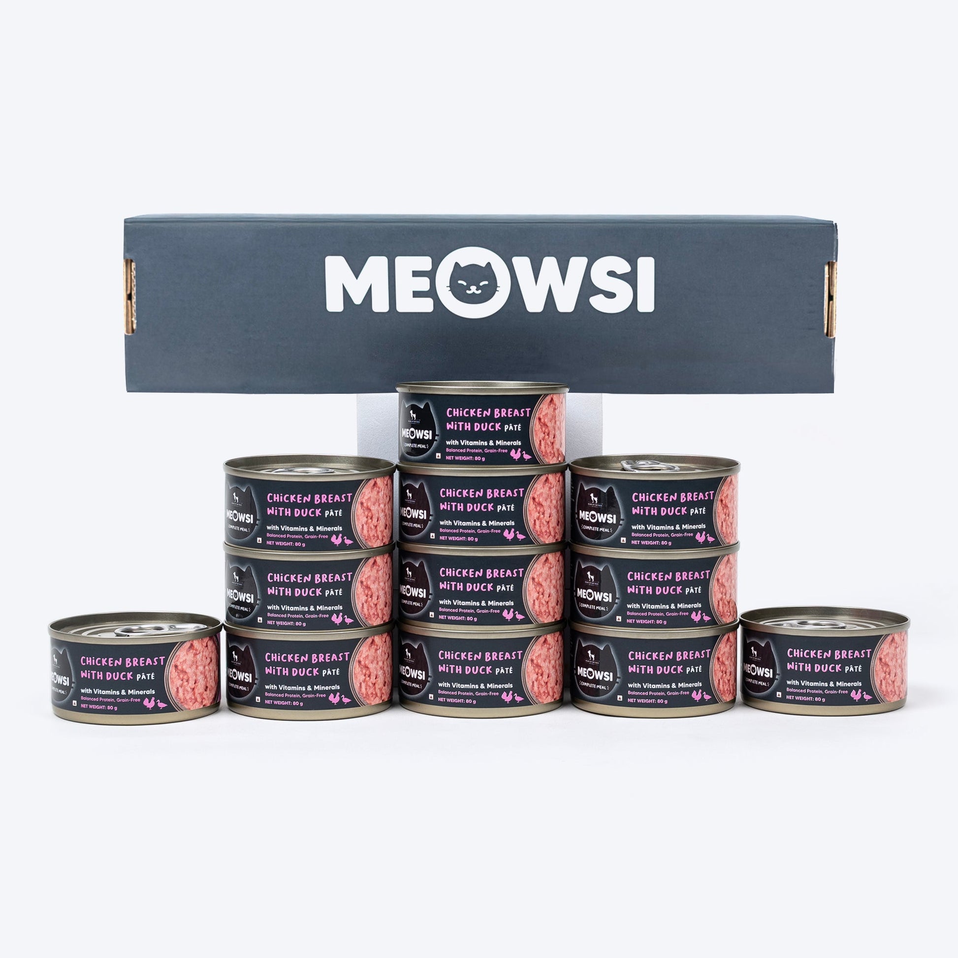 Meowsi by HUFT Chicken Breast with Duck p¢t© canned cat food, 80 gm, enriched with vitamins and minerals. Grain-free.