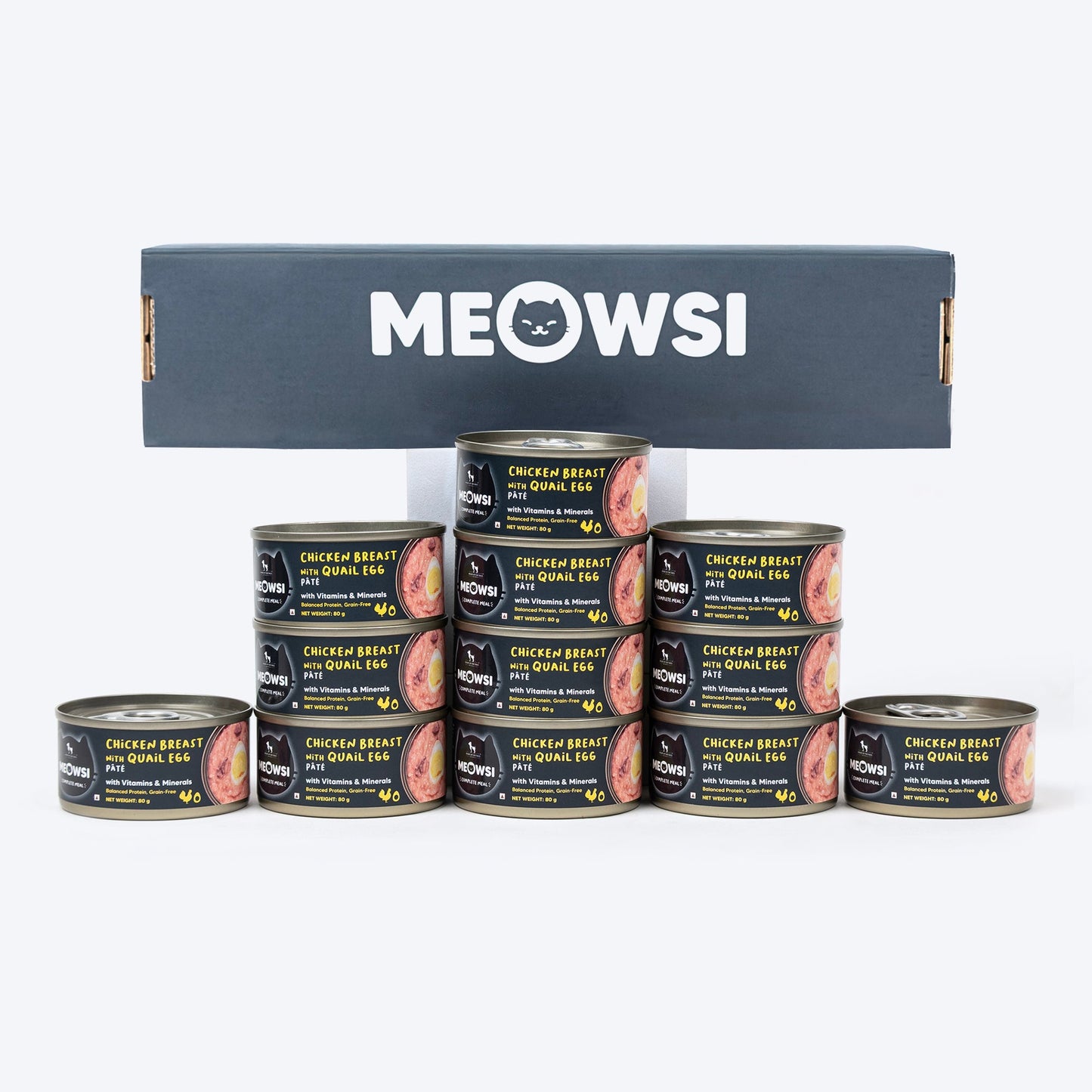 Meowsi by HUFT Chicken Breast with Quail Egg p¢t©, 80 gm can, grain-free, with vitamins and minerals for cats.