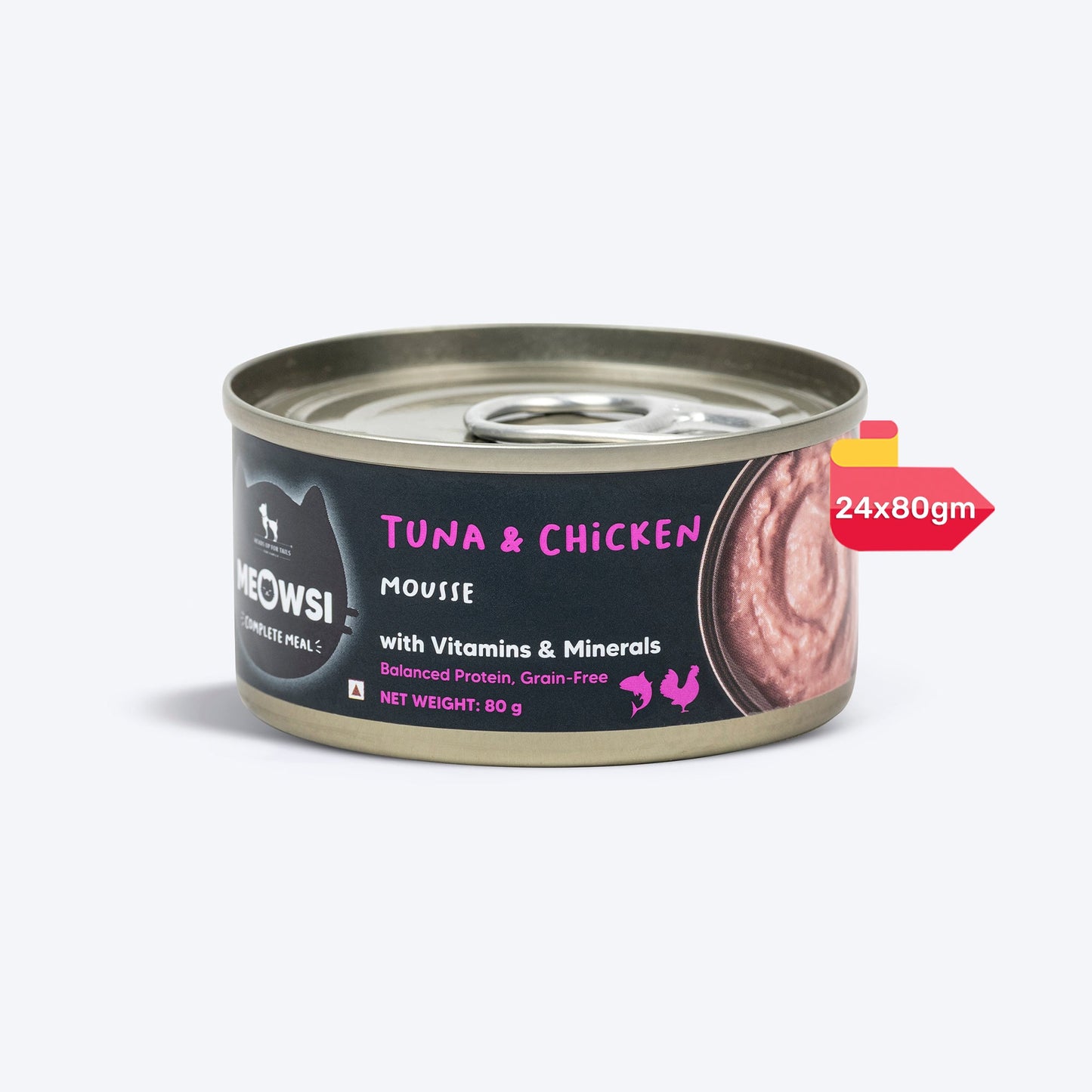 Meowsi by HUFT Tuna & Chicken in Mousse Canned Cat Wet Food, 80 gm, with vitamins and minerals, grain-free.