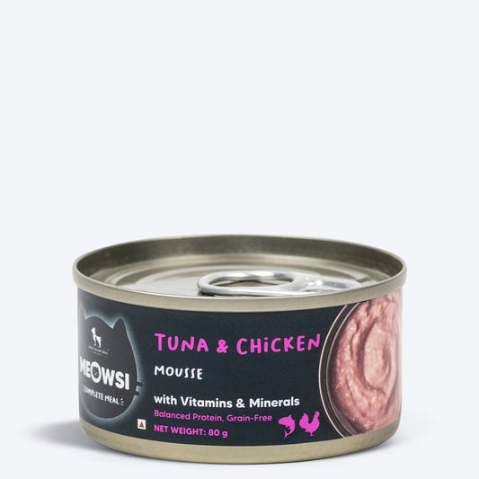 Meowsi by HUFT Tuna & Chicken in Mousse Canned Cat Wet Food, 80 gm, with vitamins and minerals, grain-free.