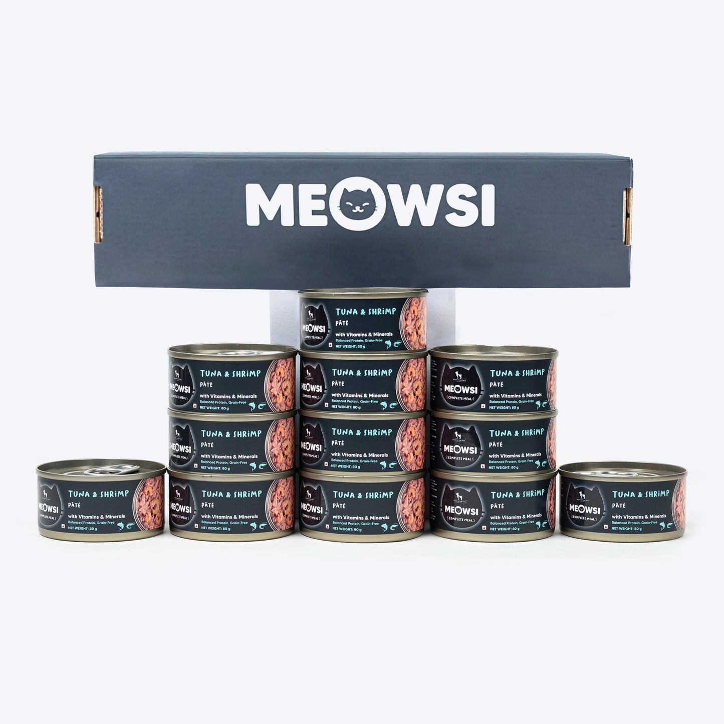 Meowsi by HUFT Tuna & Shrimp P¢t© Canned Cat Wet Food, 80 gm, with vitamins and minerals, grain-free formula.