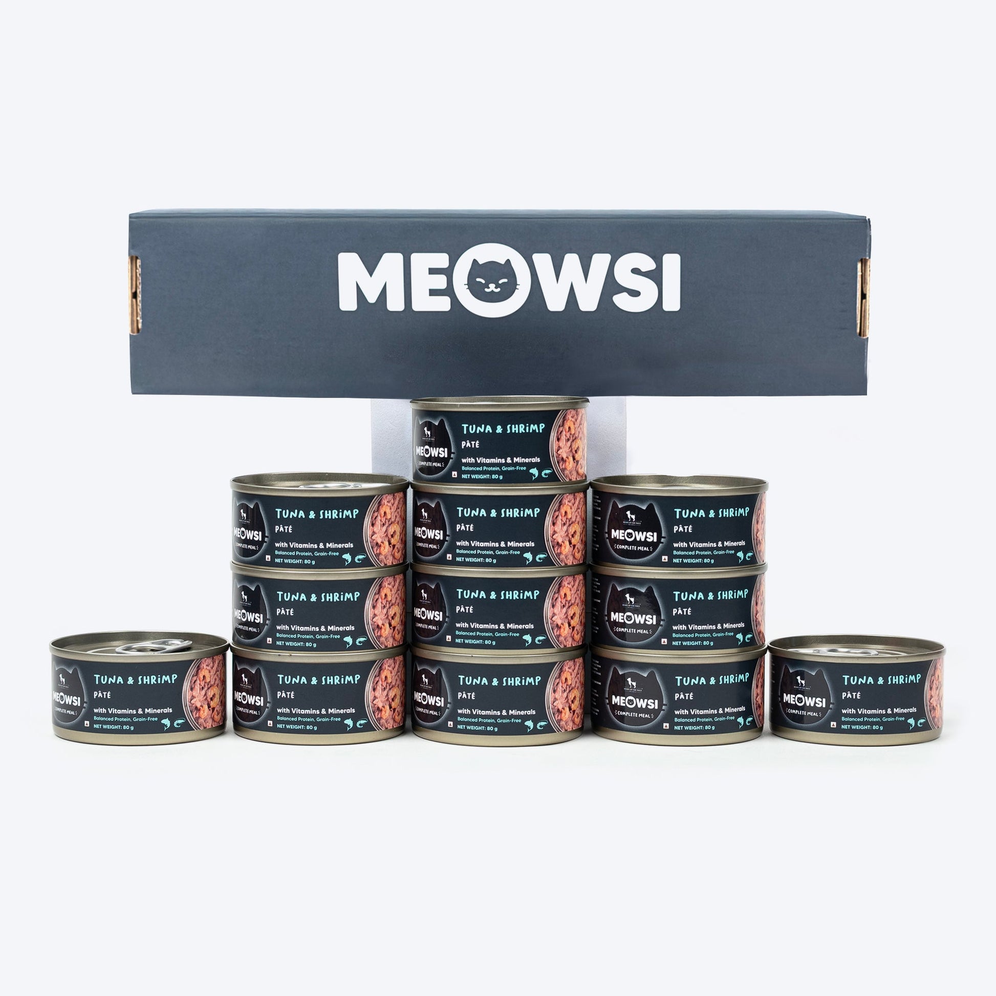 Meowsi by HUFT Tuna & Shrimp P¢t© Canned Cat Wet Food, 80 gm, with vitamins and minerals, grain-free formula.