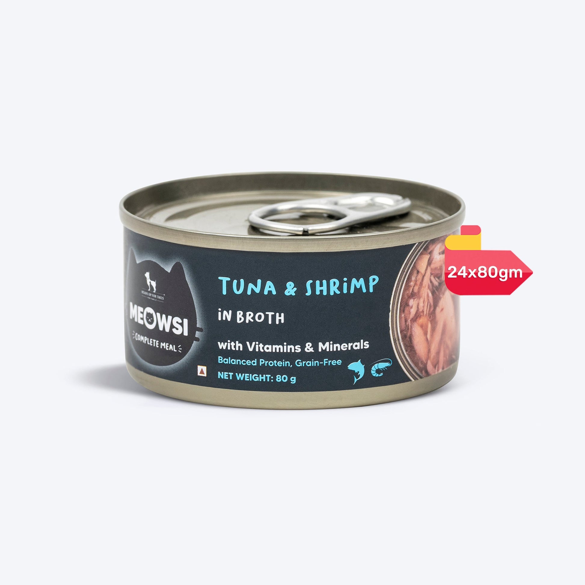 Meowsi by HUFT Tuna & Shrimp in Broth Canned Cat Wet Food, 80 gm, with vitamins and minerals, grain-free.