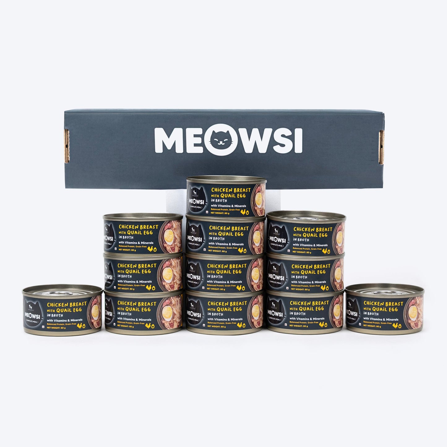 Meowsi by HUFT Chicken Breast with Quail Egg in Broth, 80 gm, grain-free, with vitamins and minerals.