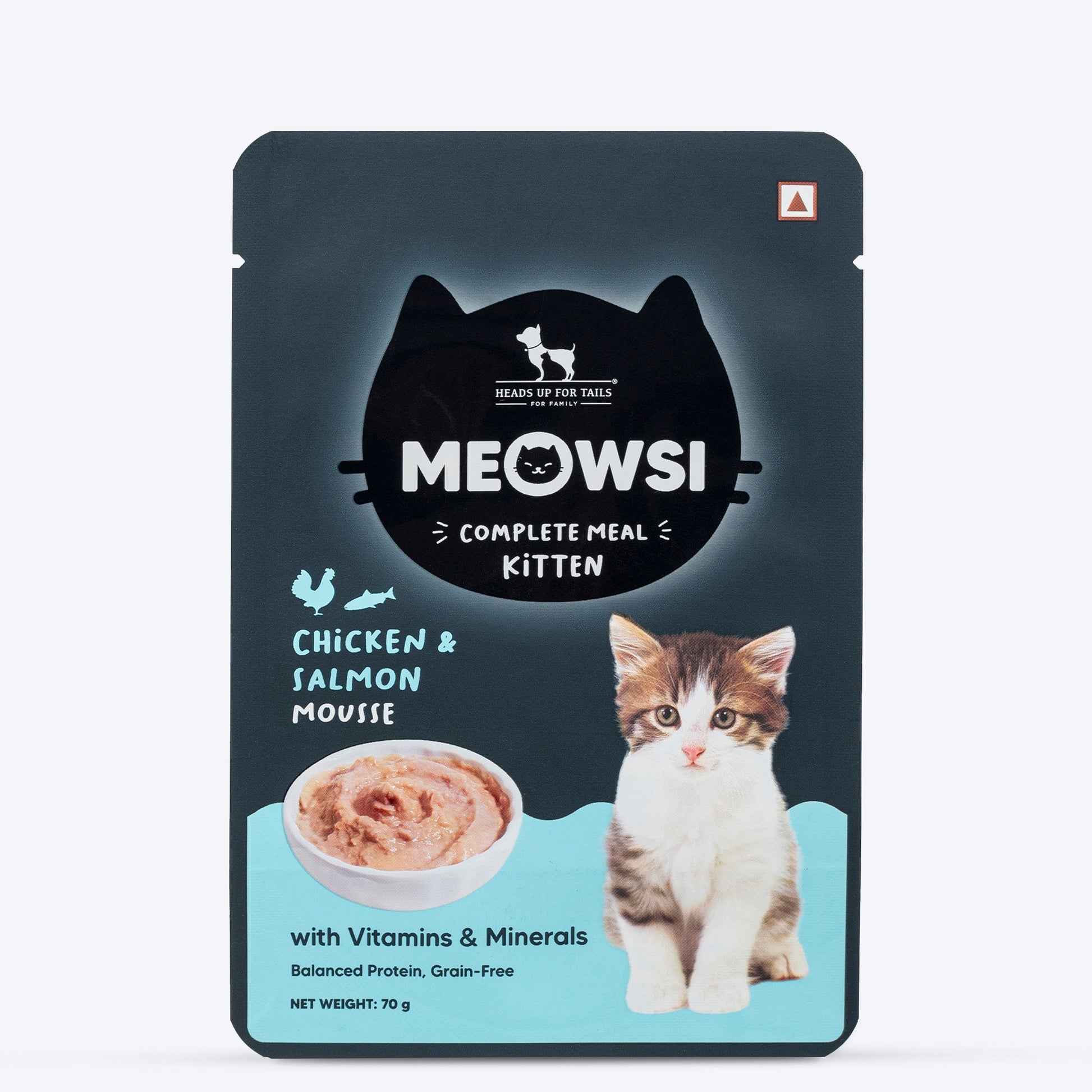 Meowsi by HUFT Chicken & Salmon Mousse Kitten Wet Food, 70 gm, complete meal with vitamins and minerals, grain-free.
