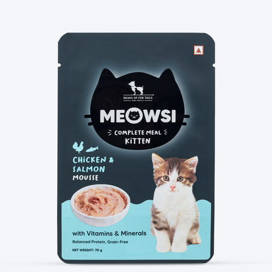 Meowsi by HUFT Chicken & Salmon Mousse Kitten Wet Food, 70 gm, complete meal with vitamins and minerals, grain-free.