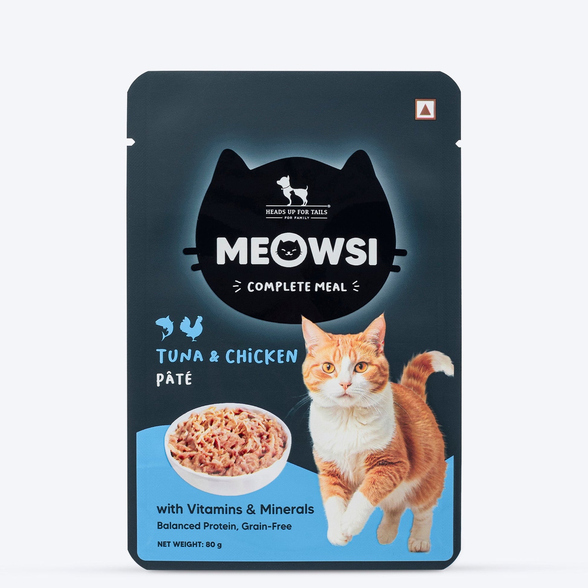Meowsi by HUFT Tuna & Chicken P¢t© Cat Wet Food, 80 gm, grain-free, with vitamins and minerals for balanced nutrition.