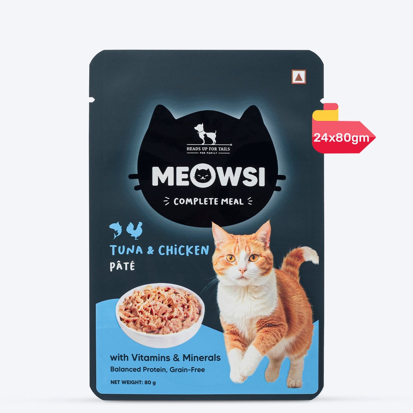 Meowsi by HUFT Tuna & Chicken P¢t© Cat Wet Food, 80 gm, grain-free, with vitamins and minerals for balanced nutrition.