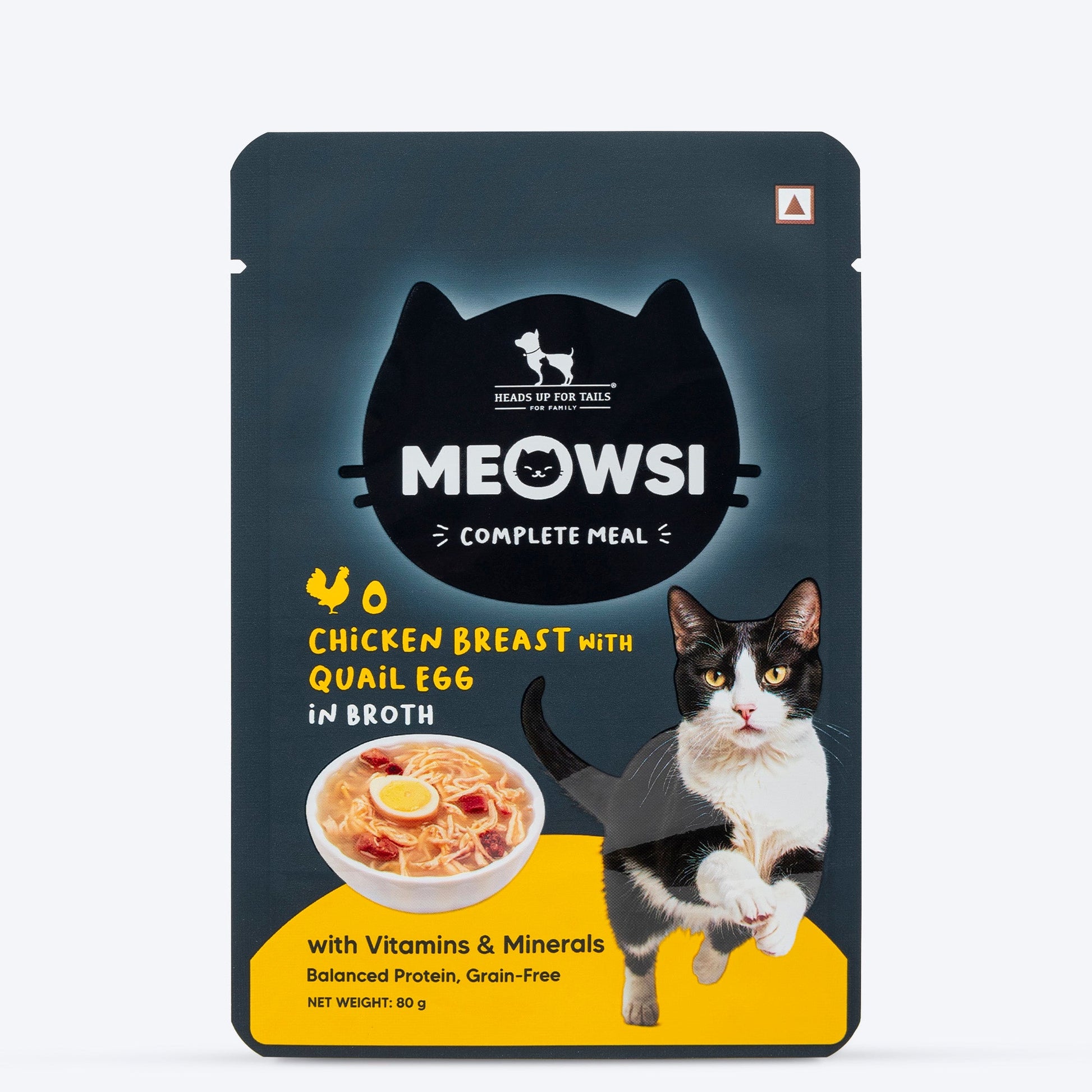Meowsi by HUFT Chicken Breast with Quail Egg in Broth, 80 gm, grain-free cat wet food with vitamins and minerals.