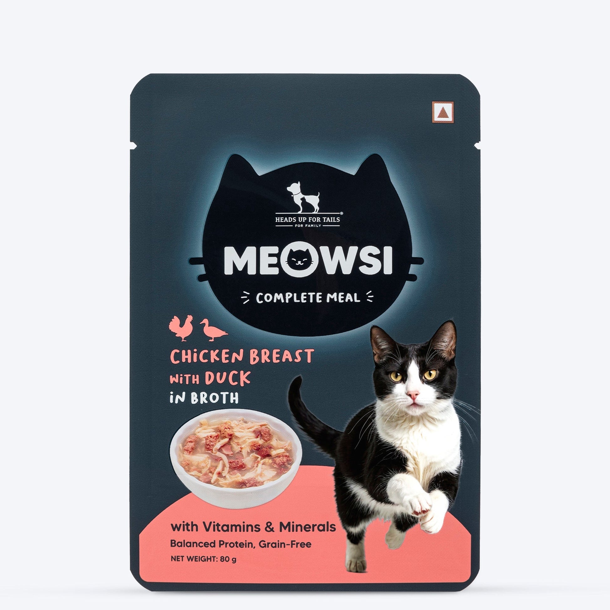 Meowsi by HUFT Chicken Breast with Duck in Broth Cat Wet Food, 80 gm, complete meal with vitamins and minerals.