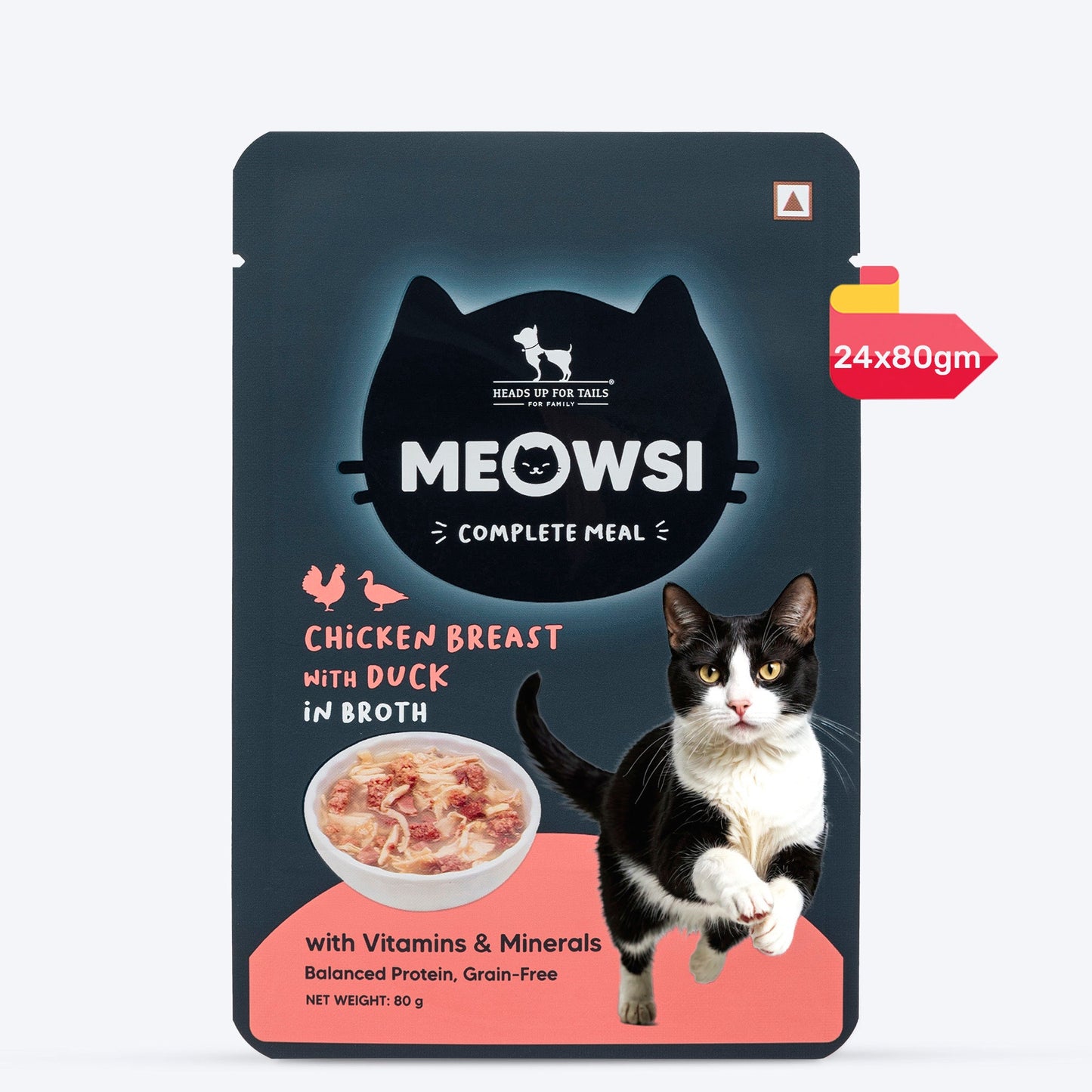 Meowsi by HUFT Chicken Breast with Duck in Broth Cat Wet Food, 80 gm, complete meal with vitamins and minerals.