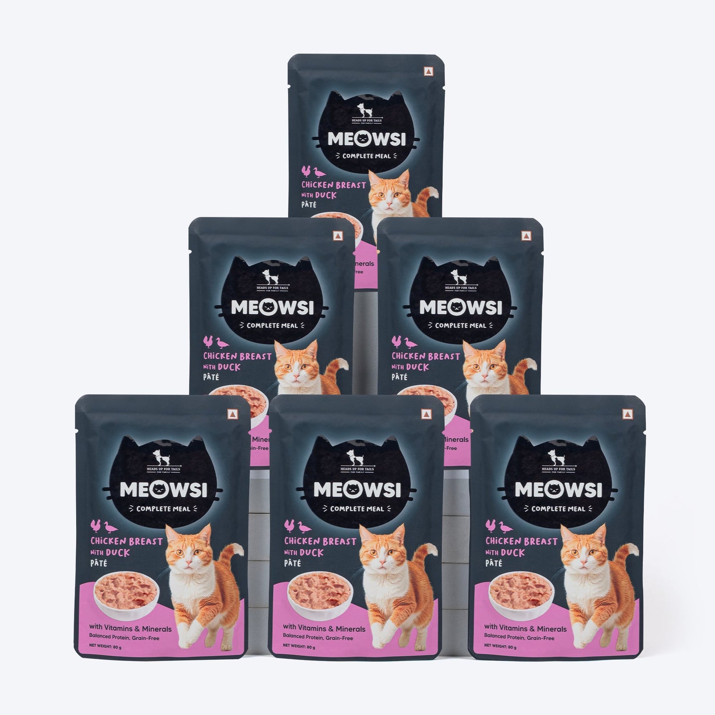 Meowsi by HUFT Chicken Breast with Duck p¢t© cat wet food, 80 gm, featuring a cat and a bowl of food on the packaging.