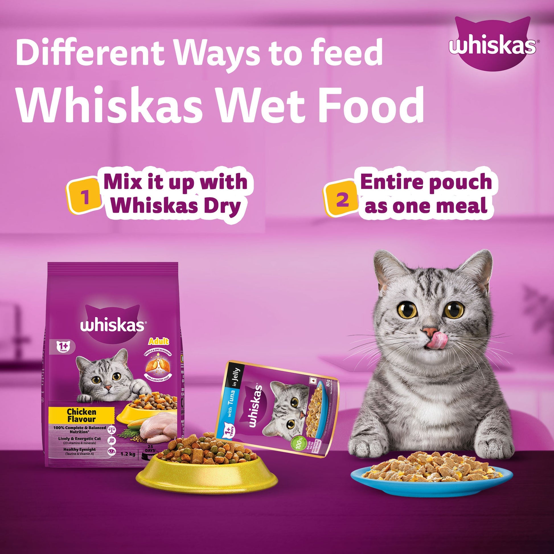Whiskas Tuna in Jelly  (1+ Years) Wet Food For Adult Cat - 80 gm Pack - Heads Up For Tails