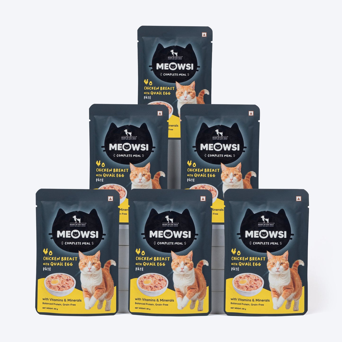 Meowsi by HUFT Chicken Breast with Quail Egg p¢t© Cat Wet Food, 80 gm, grain-free, with vitamins and minerals.