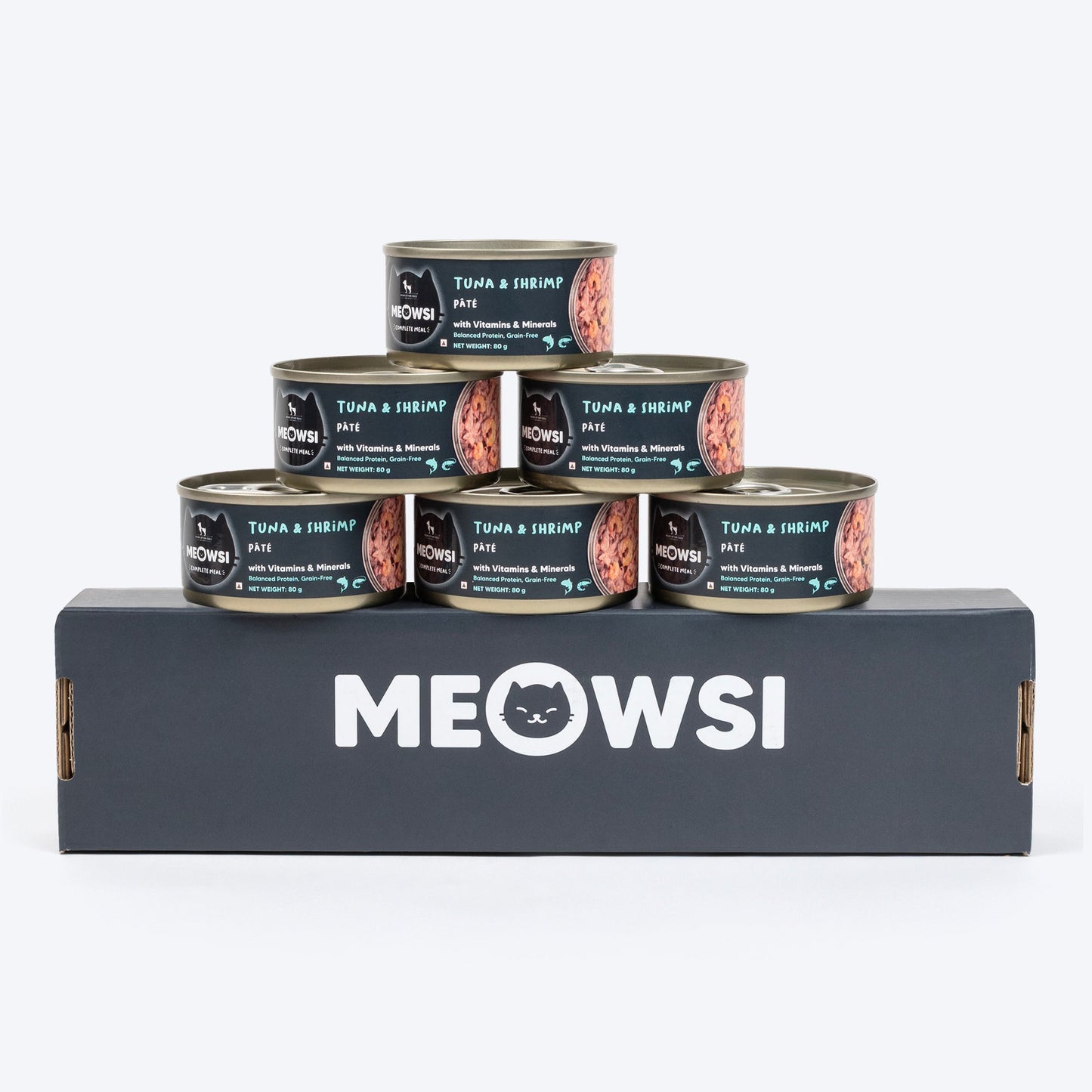 Meowsi by HUFT Tuna & Shrimp P¢t© Canned Cat Wet Food, 80 gm, with vitamins and minerals, grain-free formula.
