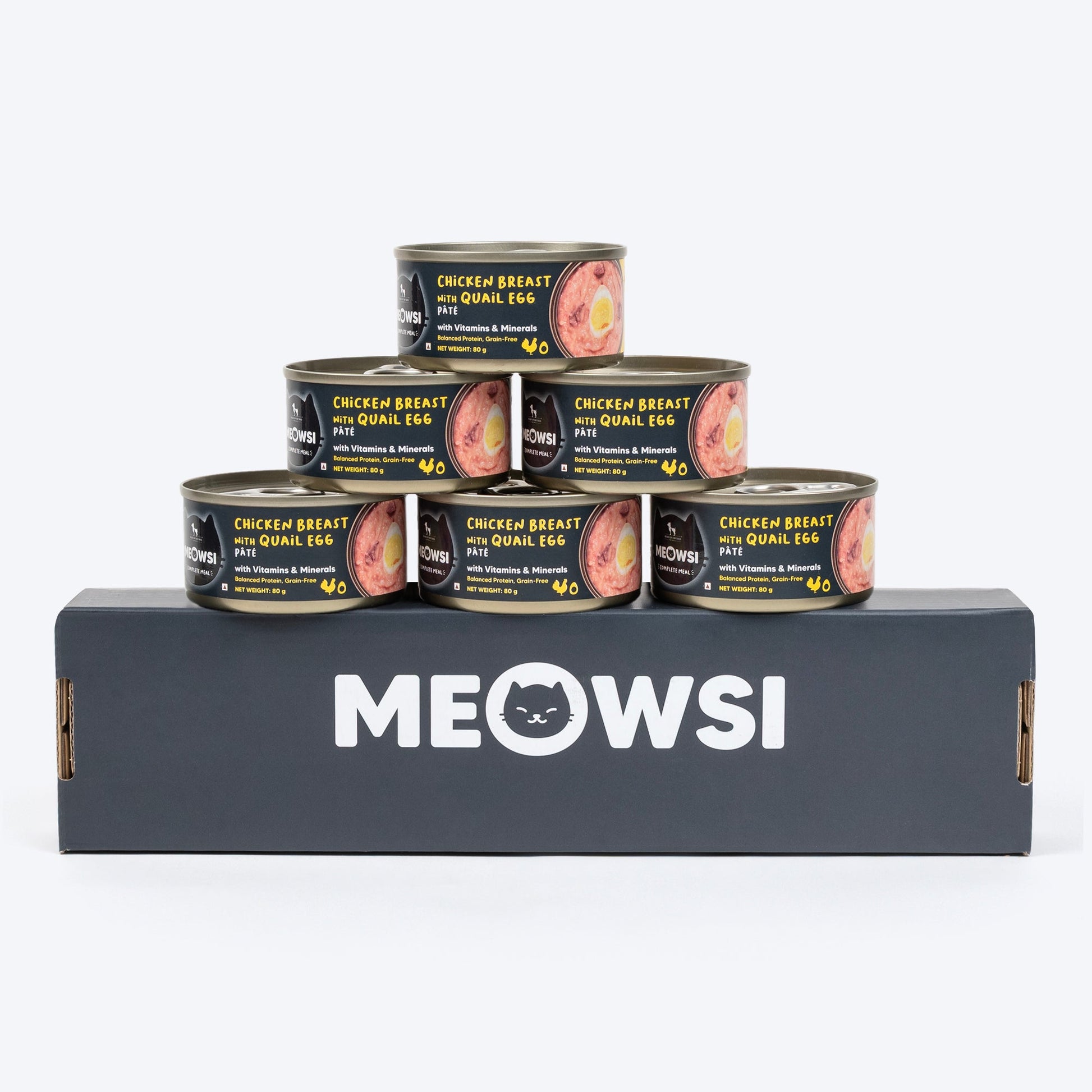 Meowsi by HUFT Chicken Breast with Quail Egg p¢t©, 80 gm can, grain-free, with vitamins and minerals for cats.