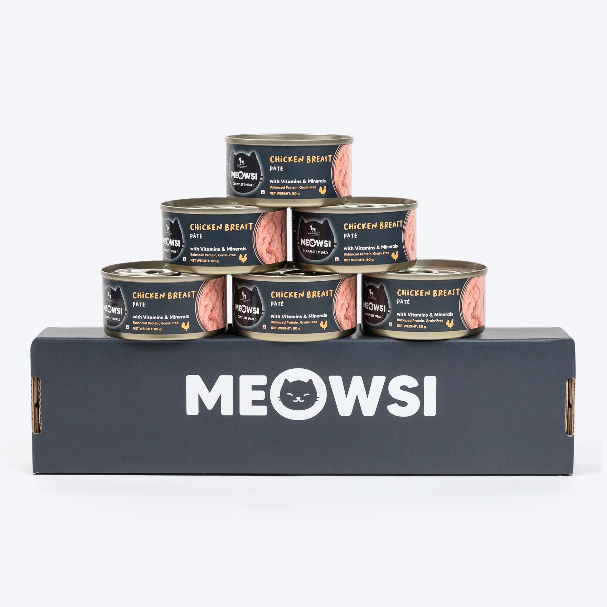 Meowsi by HUFT Chicken Breast p¢t© Canned Cat Wet Food, 80 gm, with vitamins and minerals, grain-free formula.