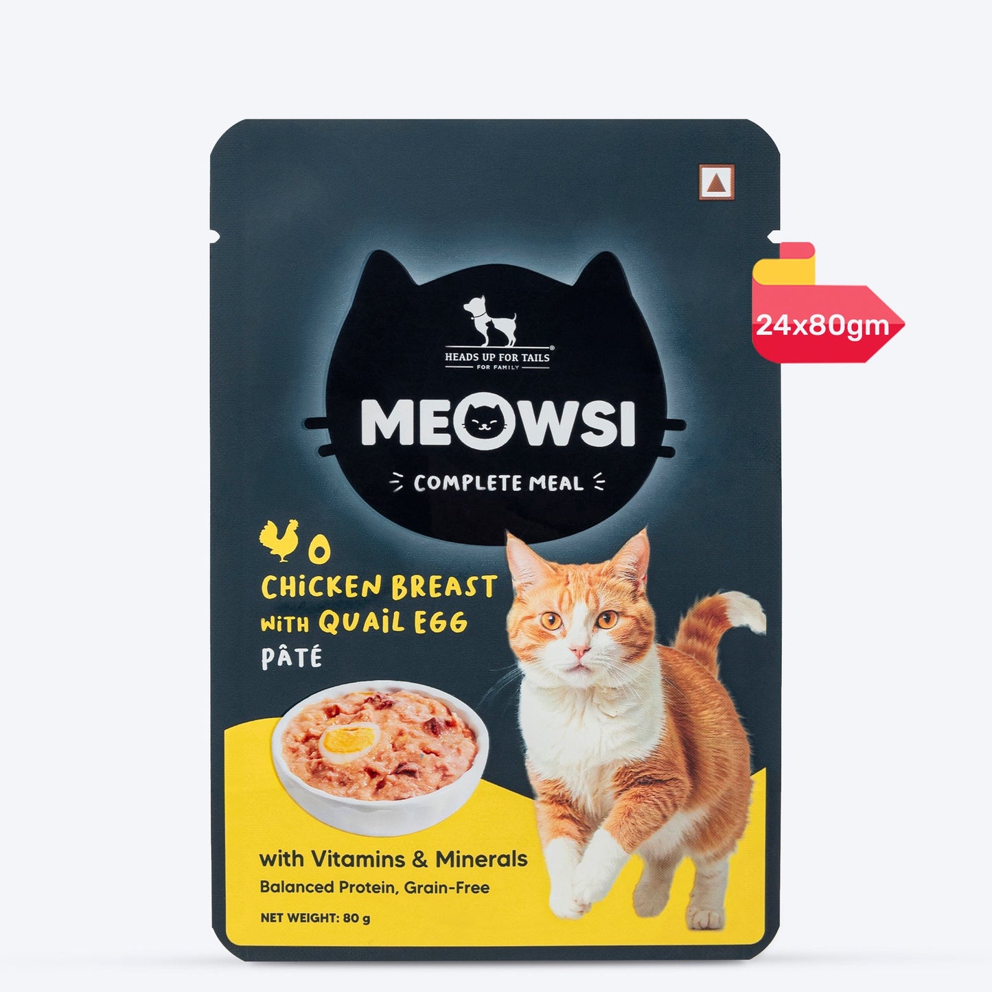 Meowsi by HUFT Chicken Breast with Quail Egg p¢t© Cat Wet Food, 80 gm, grain-free, with vitamins and minerals.