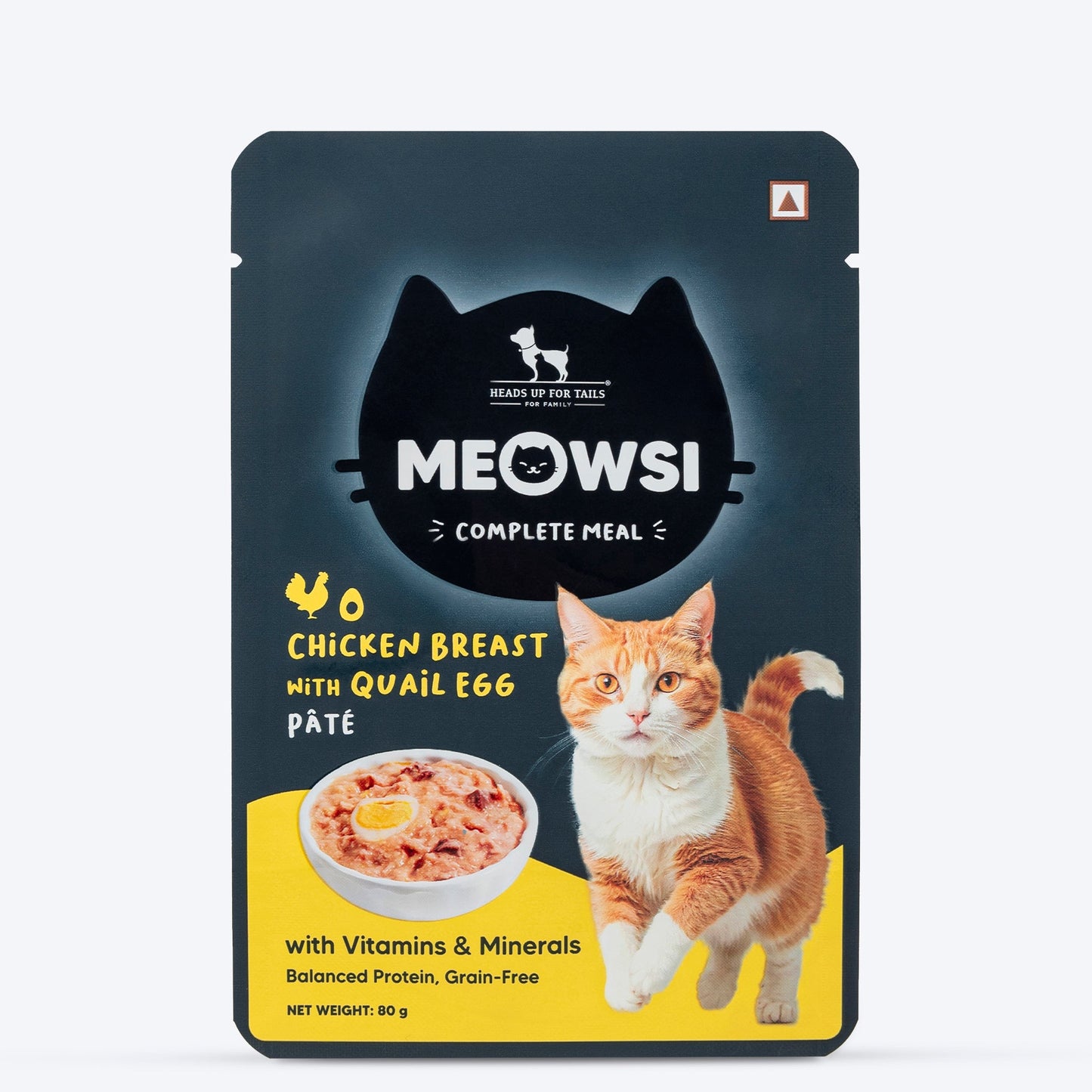 Meowsi by HUFT Chicken Breast with Quail Egg p¢t© Cat Wet Food, 80 gm, grain-free, with vitamins and minerals.