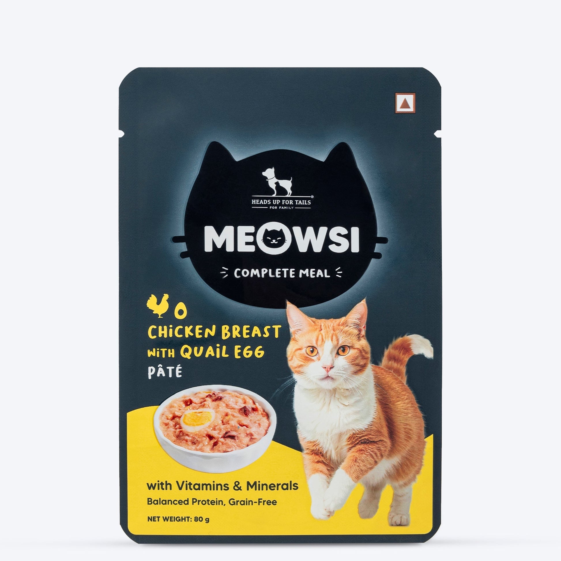 Meowsi by HUFT Chicken Breast with Quail Egg p¢t© Cat Wet Food, 80 gm, grain-free, with vitamins and minerals.