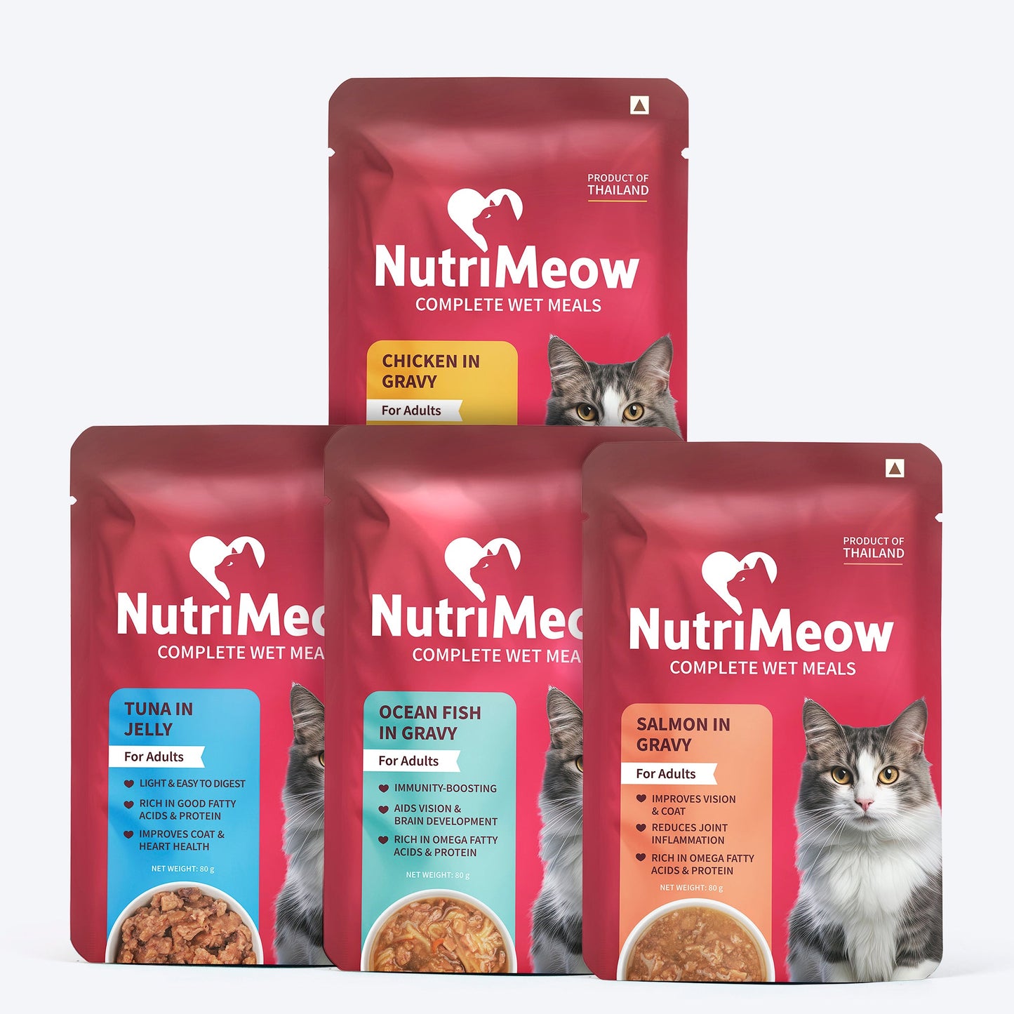 NutriMeow All in One Combo Wet Food for Adult Cat â€“ Ocean Fish, Chicken, Salmon in Gravy & Tuna in Jelly - 80 gm - Heads Up For Tails