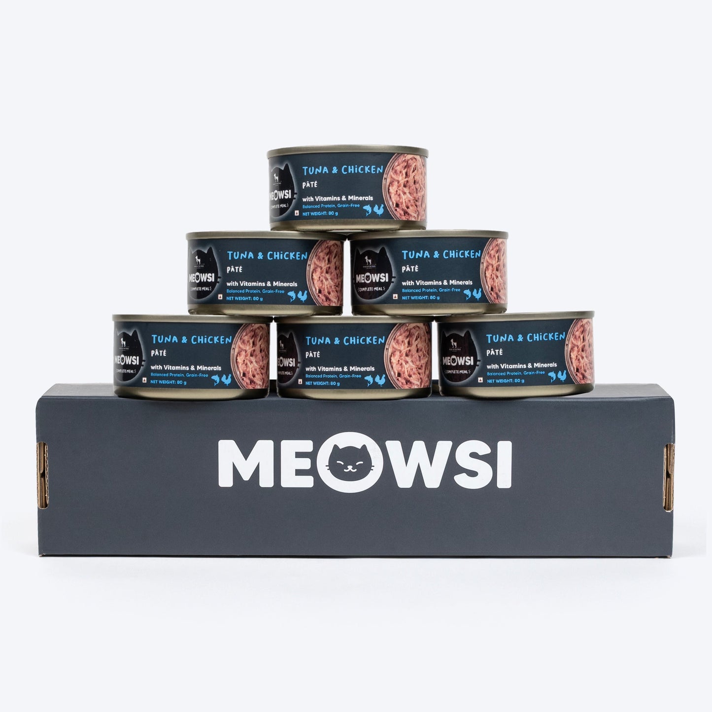 Meowsi by HUFT Tuna & Chicken P¢t© Canned Cat Wet Food, 80 gm, grain-free with vitamins and minerals.