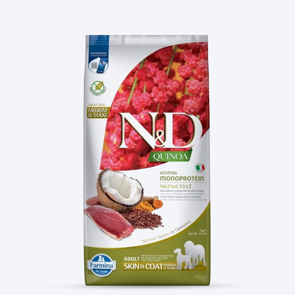 Farmina N&D Quinoa (Skin & Coat) Duck, Coconut & Turmeric All Dry Dog Food, Grain-Free (Medium & Maxi Breed) - Heads Up For Tails