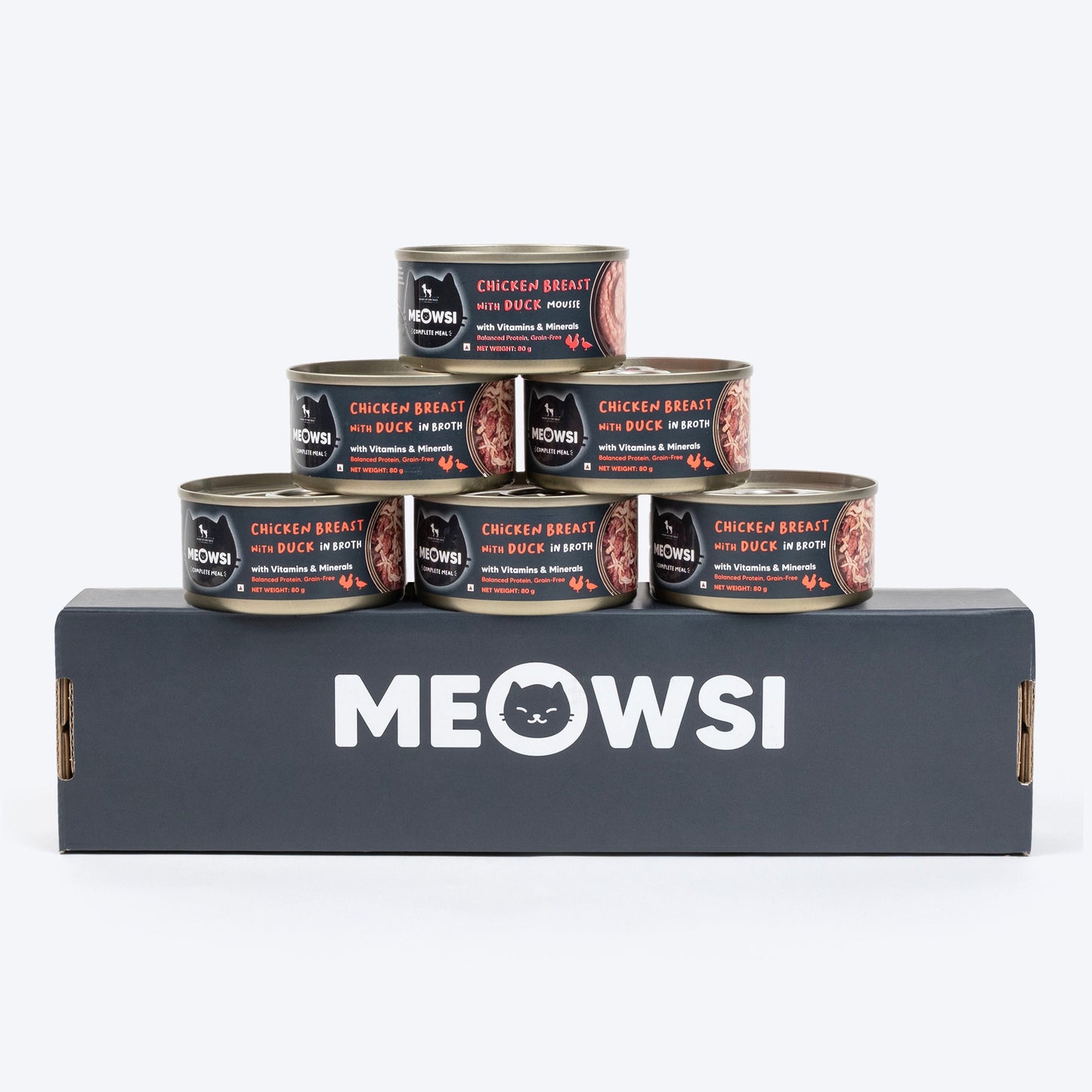 Meowsi by HUFT Chicken Breast with Duck in Broth, 80 gm can, features a pull-tab lid and a mix of shredded meat.