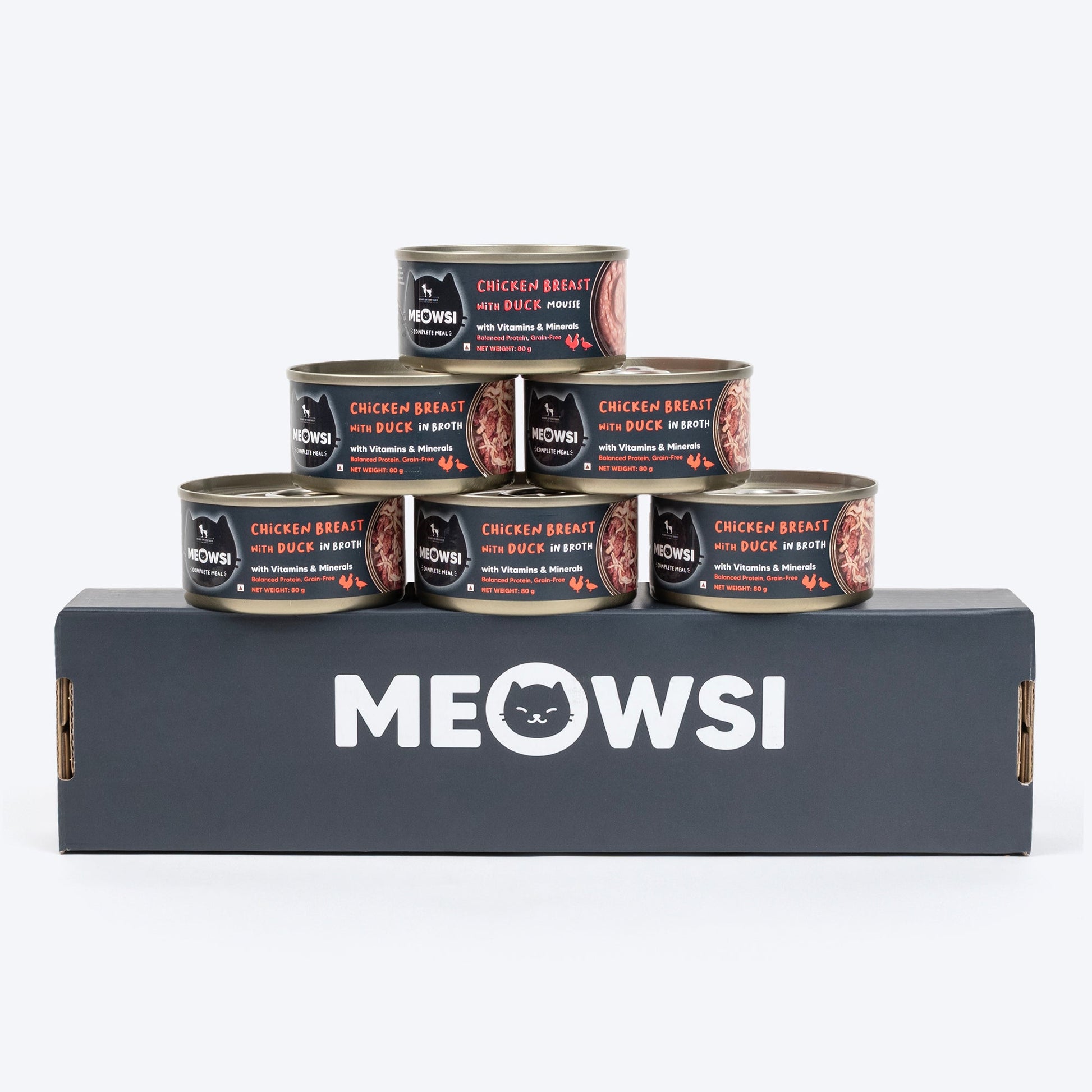 Meowsi by HUFT Chicken Breast with Duck in Broth, 80 gm can, features a pull-tab lid and a mix of shredded meat.